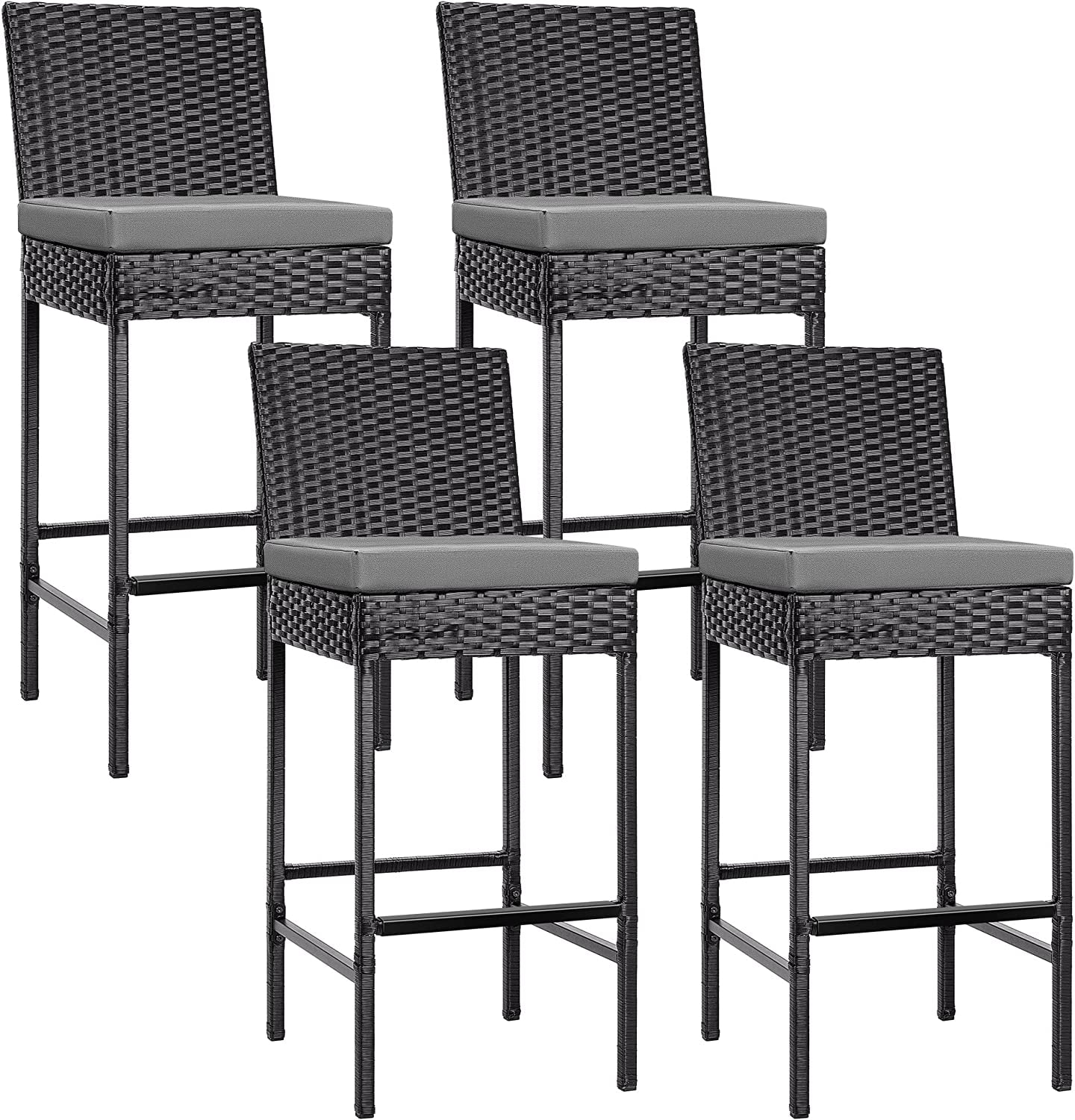 VIVOHOME High Back Wicker Outdoor Bar Stools with Removable Cushions - Set of 2, Black