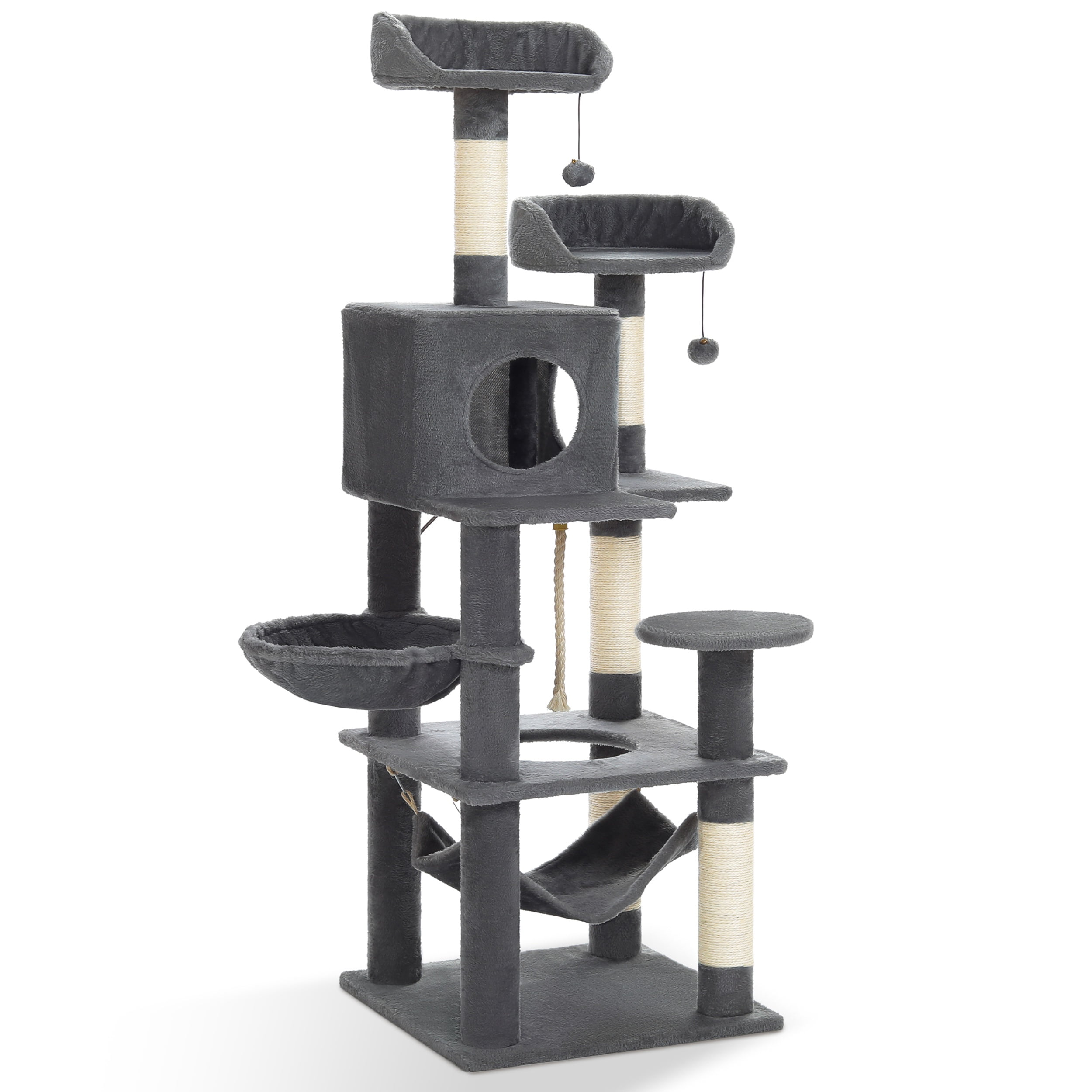 Vibrant Life 60inch Multi-Level Cat Tree with Condo Scratching Post and Hammock,Gray