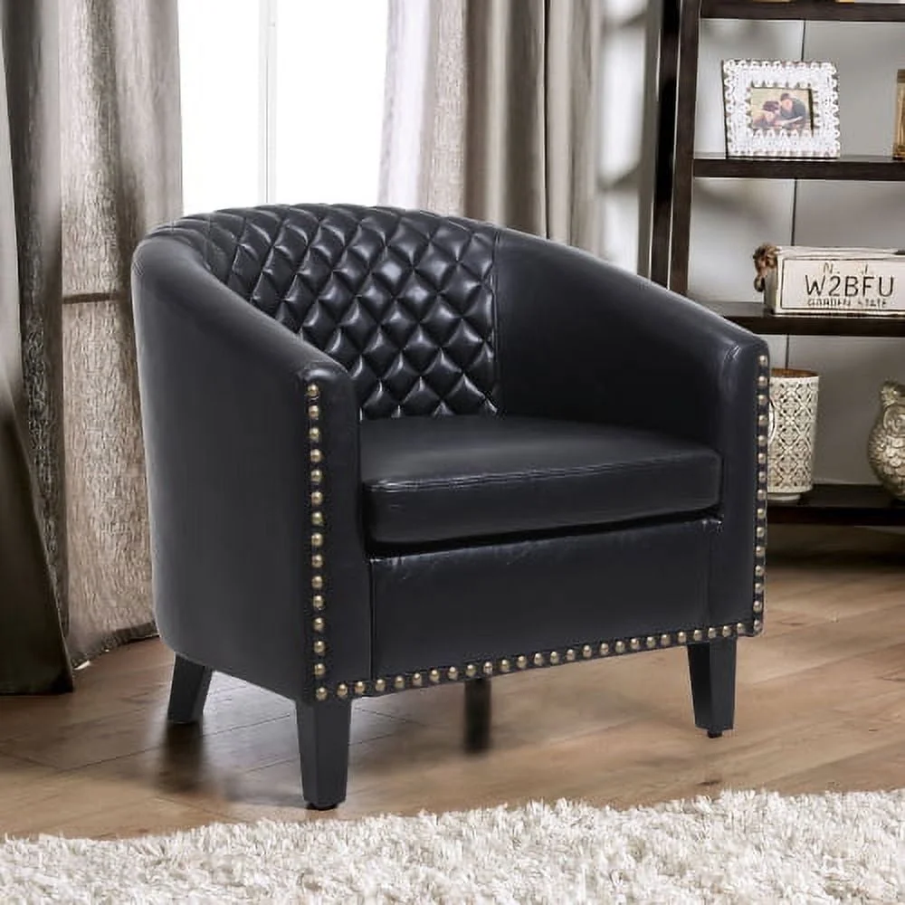 Villeston PU Leather Barrel Club Chair with Nailheads Armchair for Living Room, Bedroom, Waiting Room - Black
