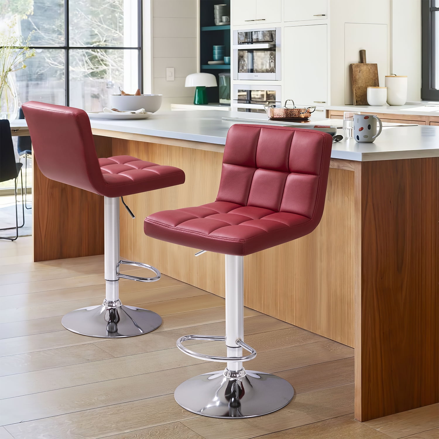 Vineego Modern Square PU Leather Swivel Adjustable Bar Stool, Set of 2, Bar Stool for Kitchen Counter,Red