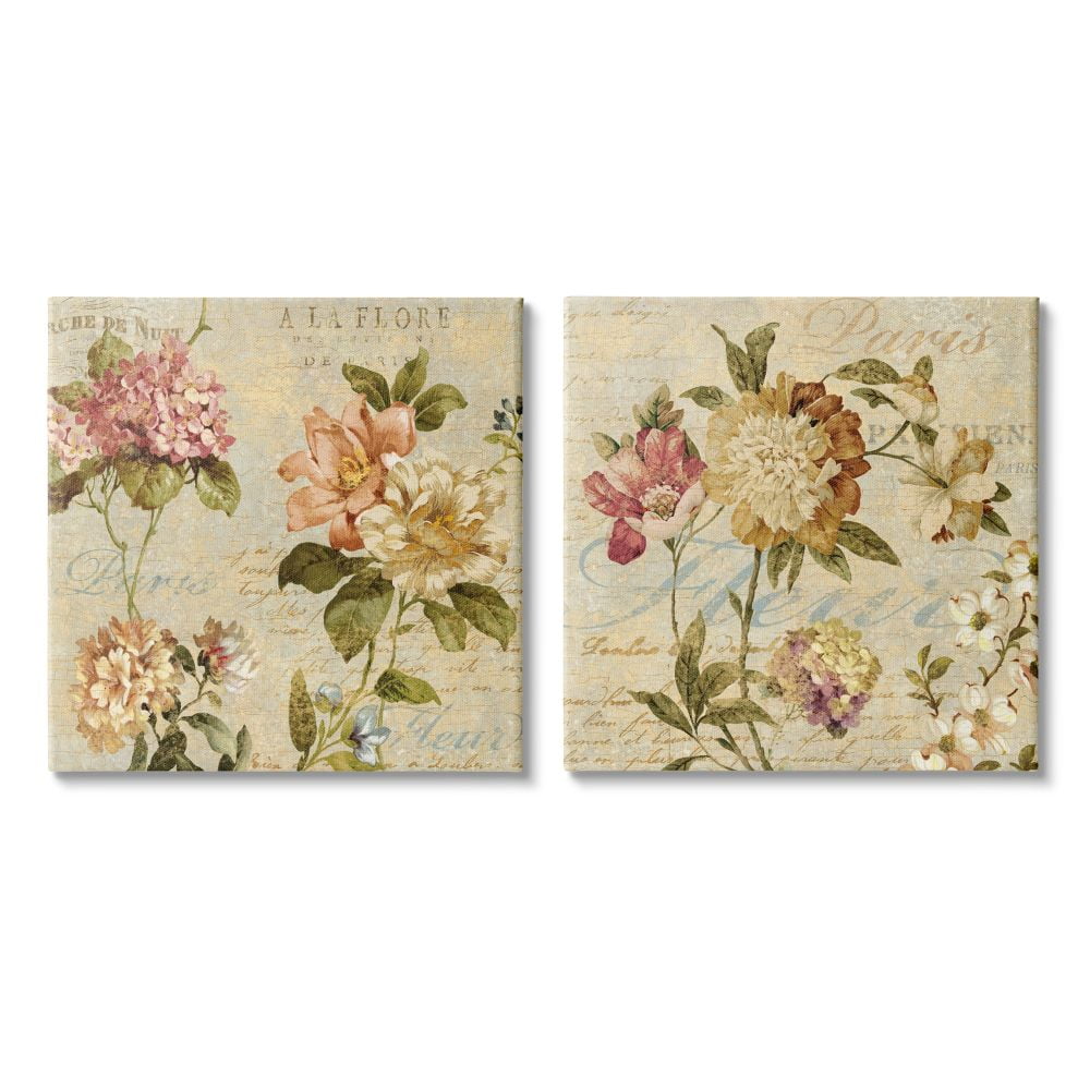 Vintage French Floral Painting with Background Script Botanical & Floral Gallery-Wrapped Canvas Print Wall Art, Set of 2, 17x17