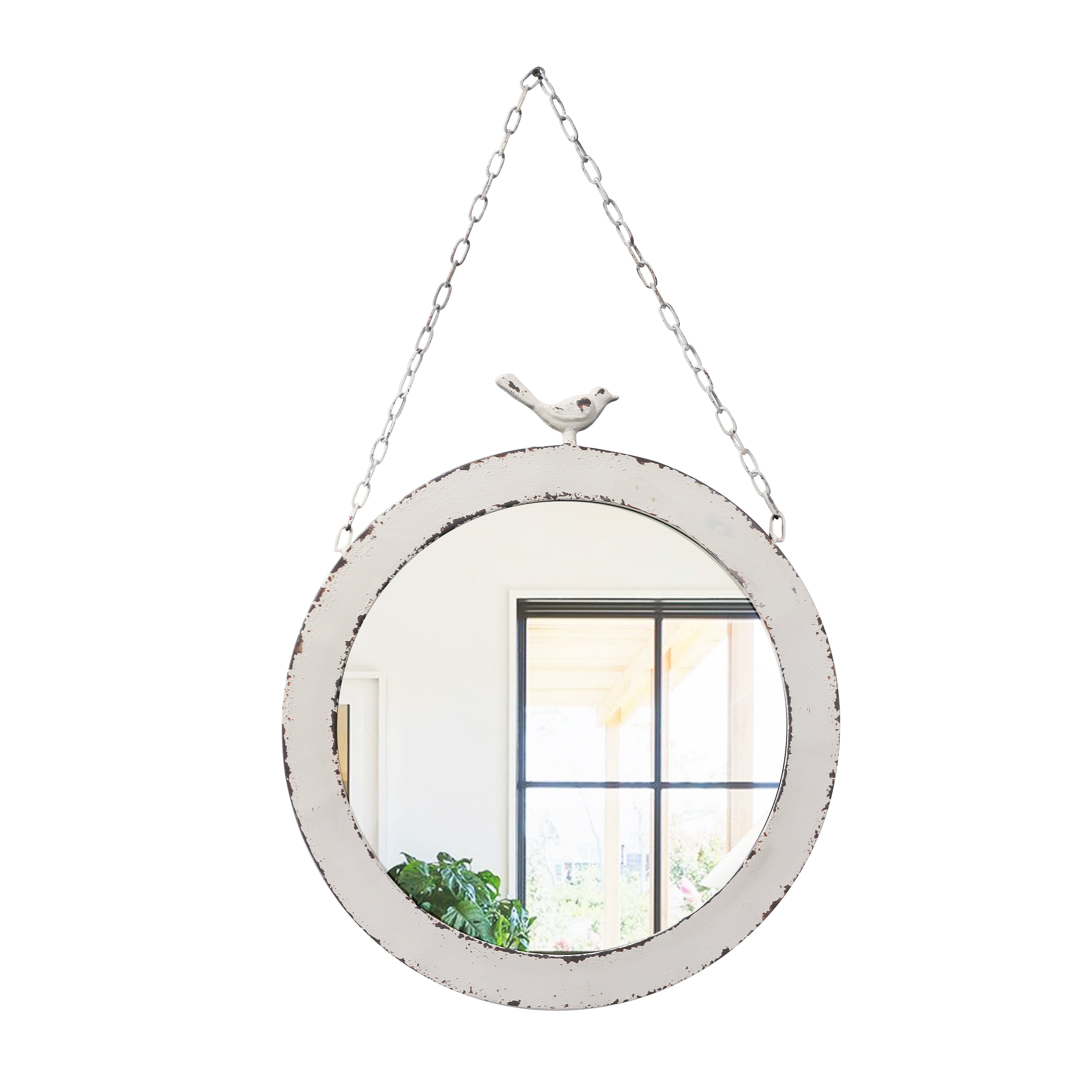 Vintage Large Round Mirrors for Wall Decor 19", Rustic Distressed White Hanging Mirror with Bird and Iron Chain, Farmhouse Metal Circle Wall Mirrors Decorative for Living Room Vanity Bedroom Entryway