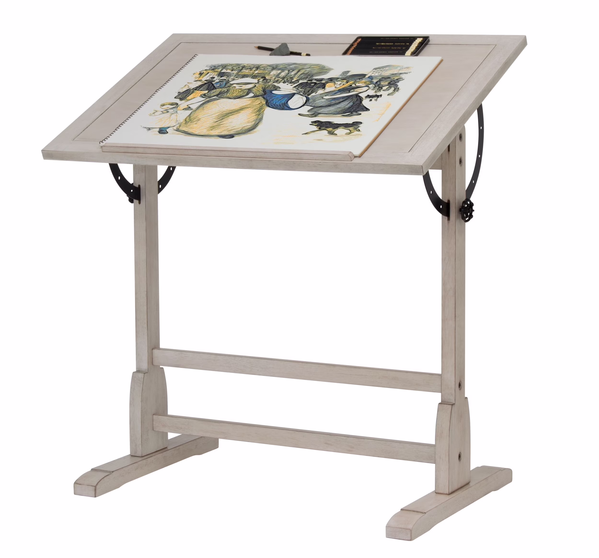 Studio Designs Vintage Solid Wood Drawing/Drafting Table with 36" x 24" Angle Adjustable Top in Coastal White