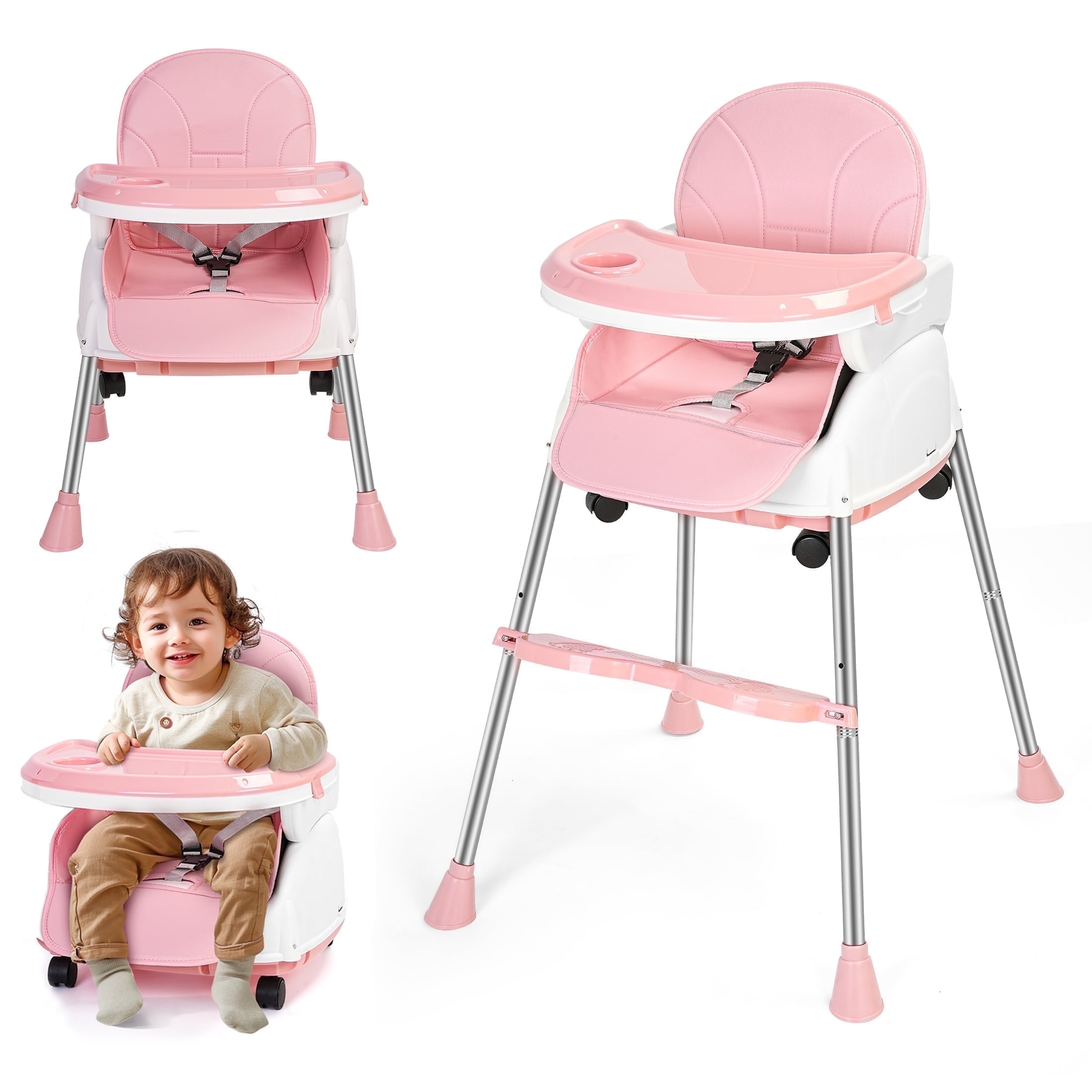 Minikid 5-in-1 High Chair with Wheels, 3-Point Seat Belt, Double-Layer Dinner Plate, Pink