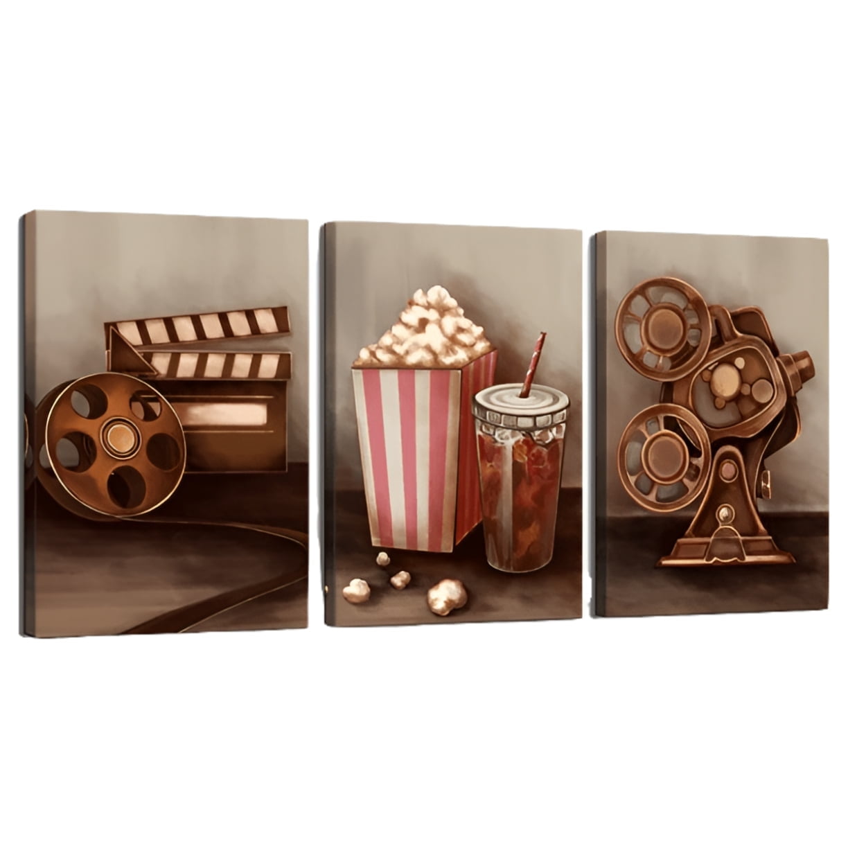 Visual Art Decor 3-Piece Framed Painting Canvas Art Prints - Classic Old Fashion Film Reels Popcorn Poster Vintage Bar Pub