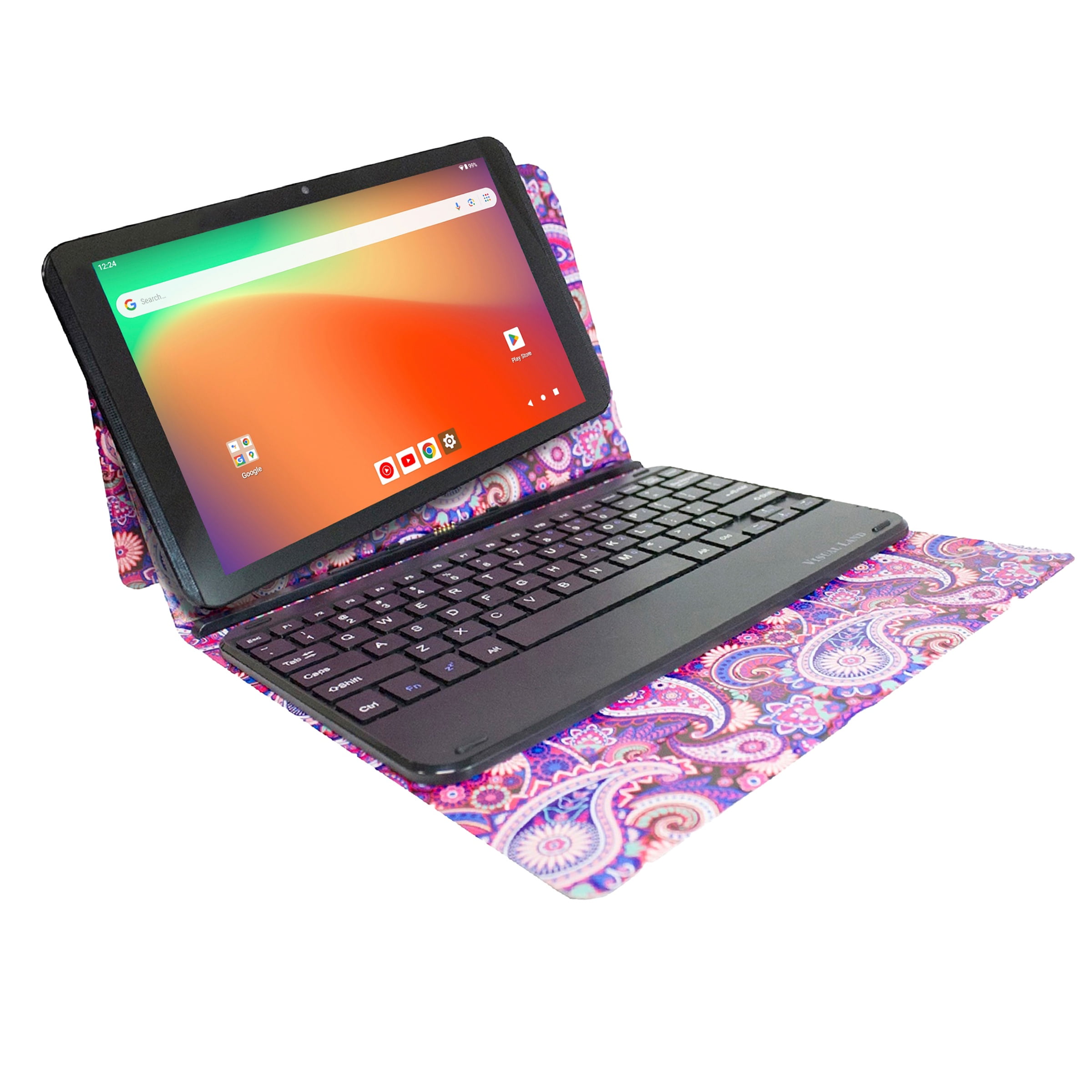 Visual Land Prestige Elite 10QH 10.1" HD IPS Android 13 Quad-Core Tablet, 128GB Storage, 2GB RAM, with Keyboard Case - Paisley