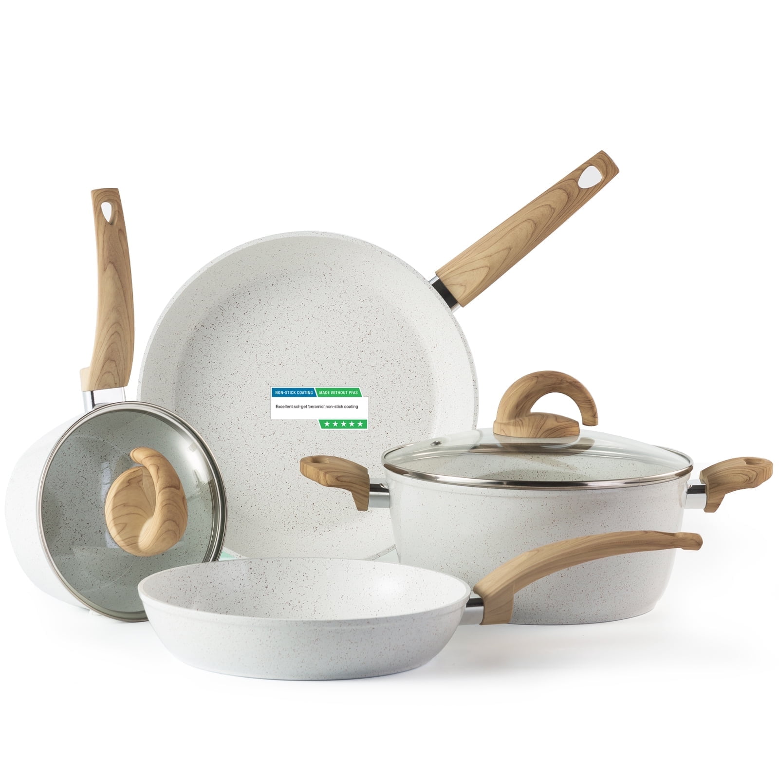 Vkoocy 6pcs Nonstick Ceramic Cookware Set, Non Stick Pots and Pans Set White Granite pattern