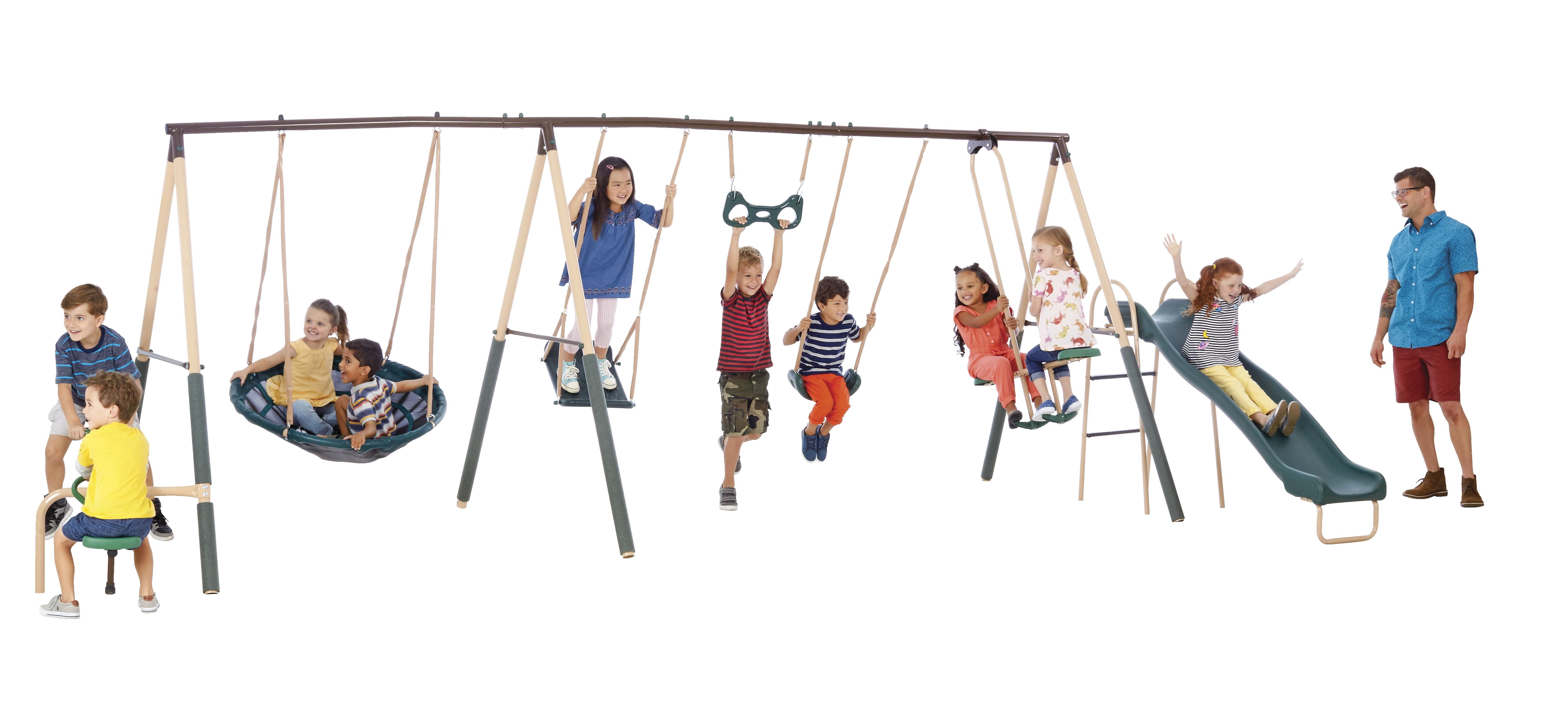 XDP Recreation Deerfield Metal Swing Set with Super Disc Swing, 6-ft Slide, Fun Glider & See-Saw
