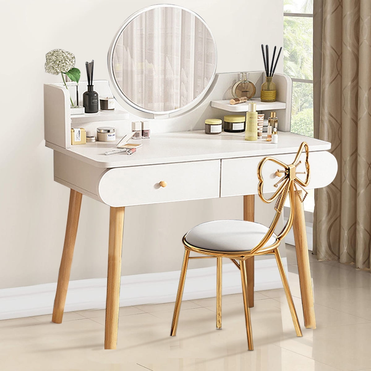 Liyufly Modern White Vanity Desk with Mirror, Solid Wood Makeup Vanity Dressing Table for Women Girls (Without Stool and LED)