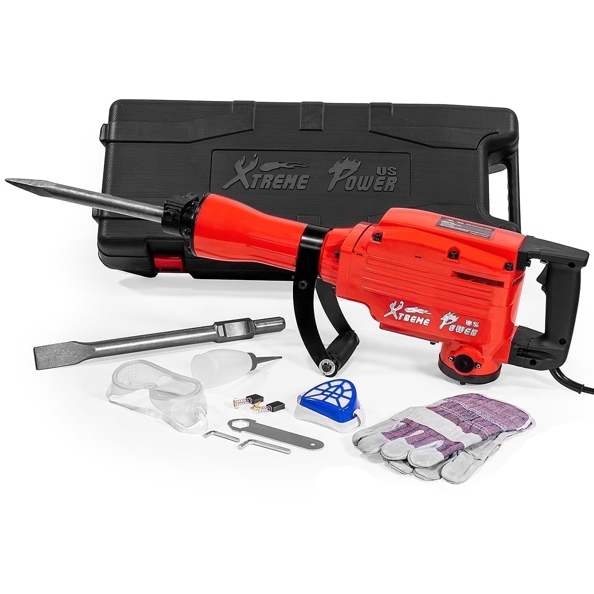 XtremepowerUS 2200W Electric Demolition Jack Hammer, 1800 BPM Concrete Breaker with Point and Flat Chisel Bits, Red