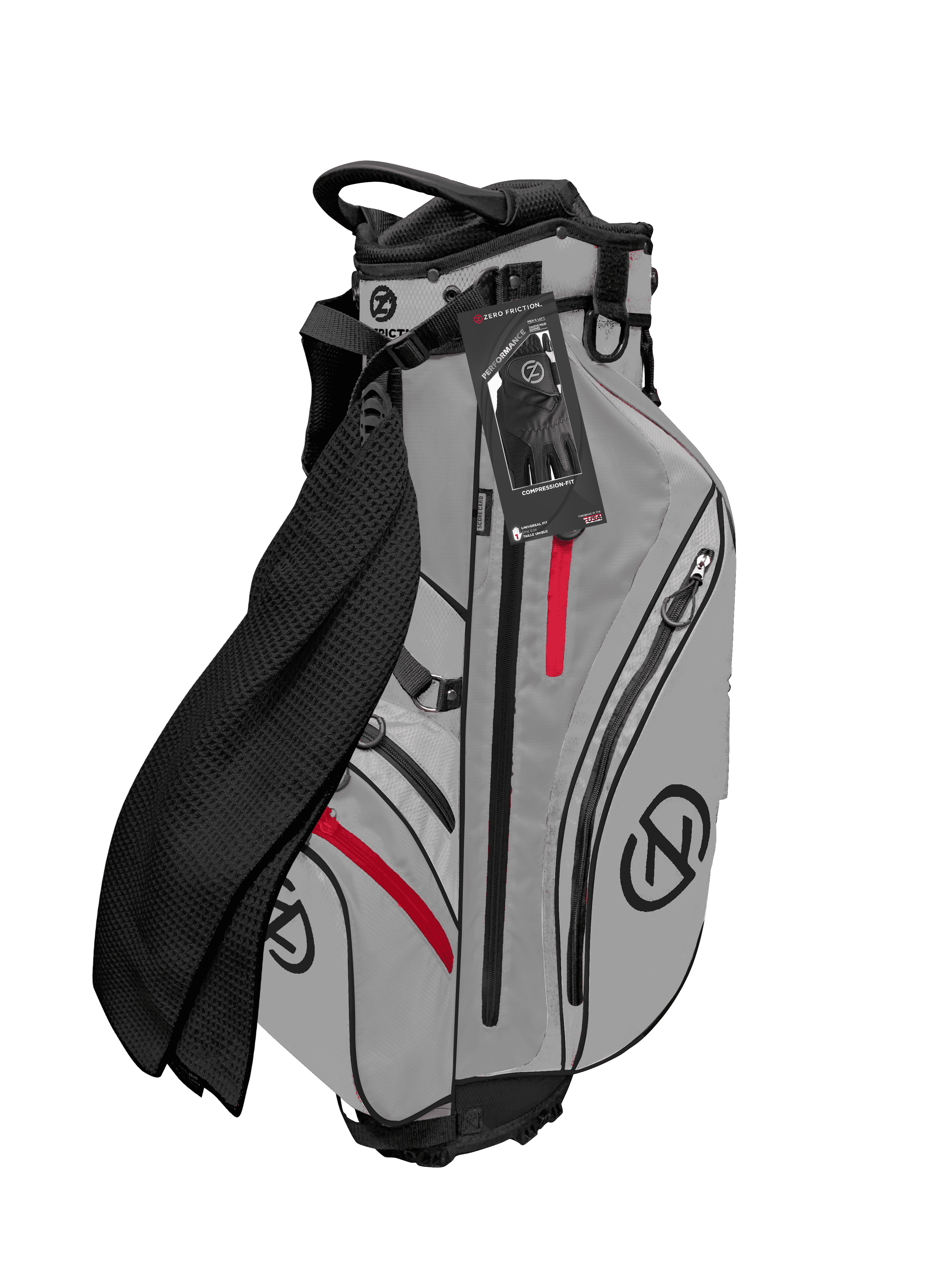 Zero Friction Stand Bag (6-way top, Gray, Bonus Towel and Glove) Golf NEW