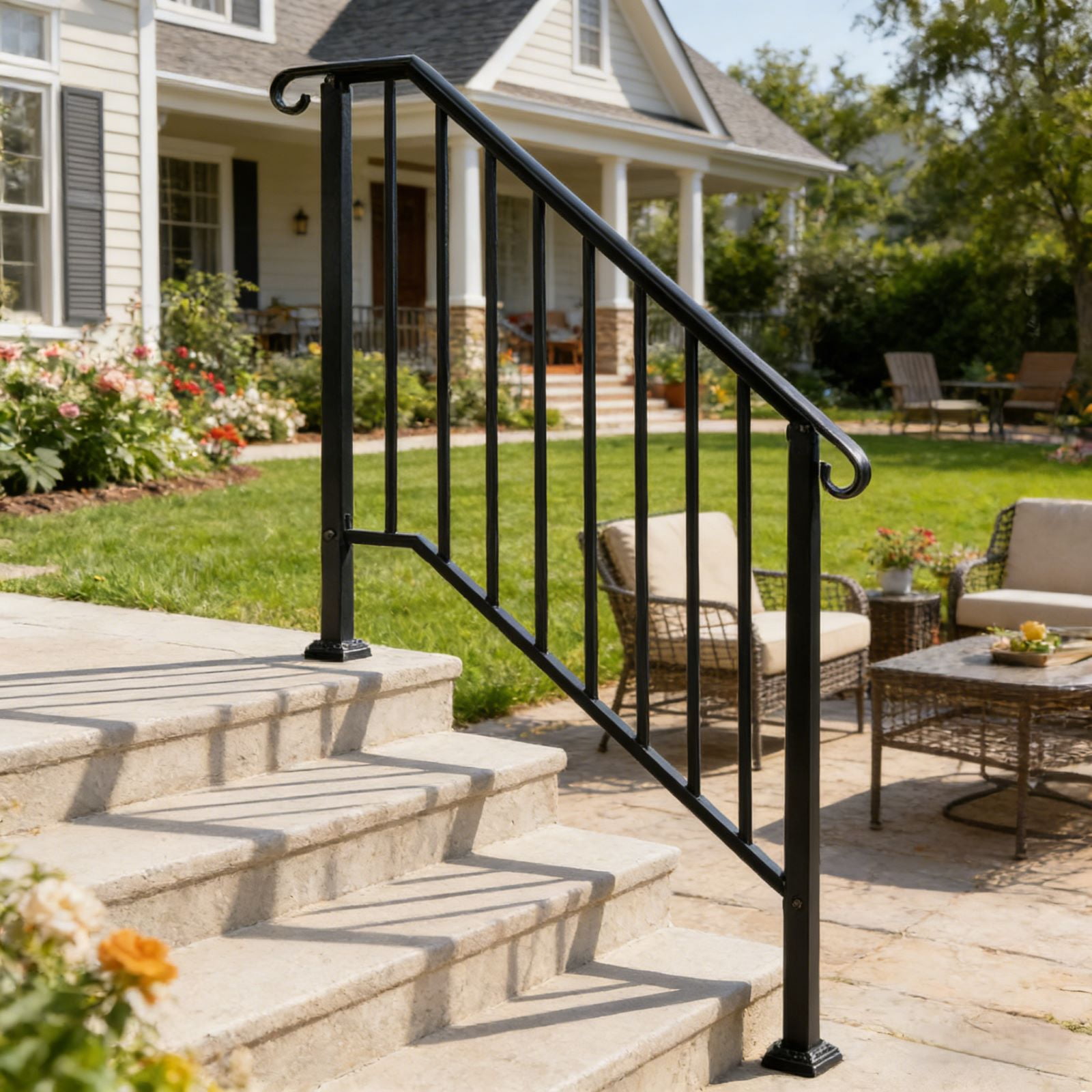 Zimtown Outdoor Galvanized Iron Handrail with Powder Coating for 3-4 Steps, Matte Black Finish