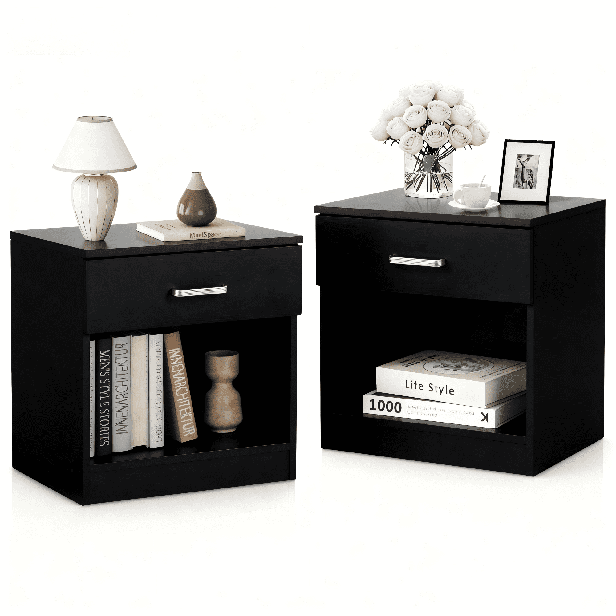 Zimtown Set of 2 Nightstand End Beside Table 1 Drawer Storage Organizer Room Furniture,Black