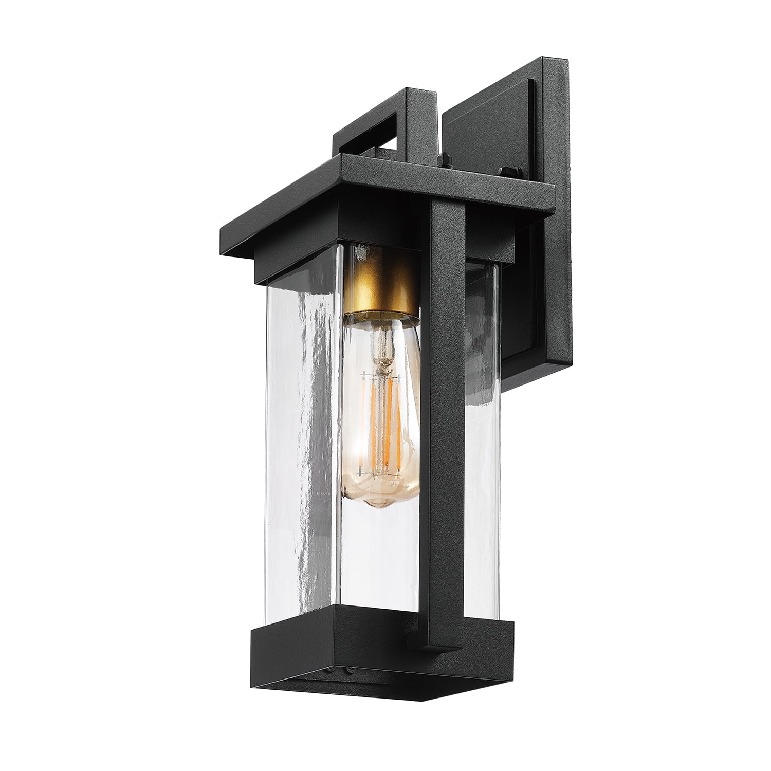 Globe Electric 1-Light Matte Black Outdoor Hardwired Wall Sconce with Brass Accent and Clear Seeded Glass Shade