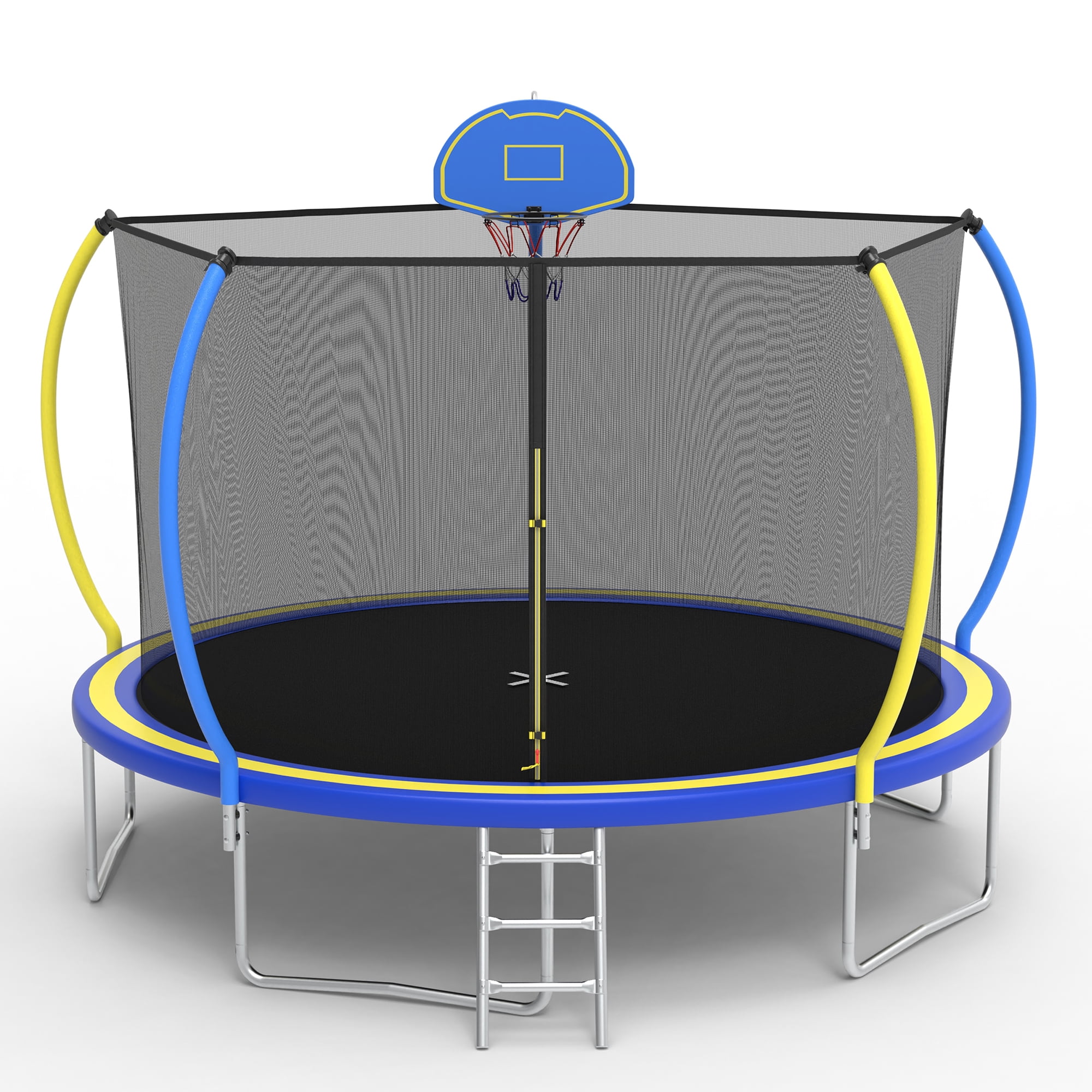 12FT Trampoline for Kids - Seizeen Round Trampoline W/ Enclosure Net & Hoop, Outdoor Colorful Trampoline with Waterproof Cover & Ladder