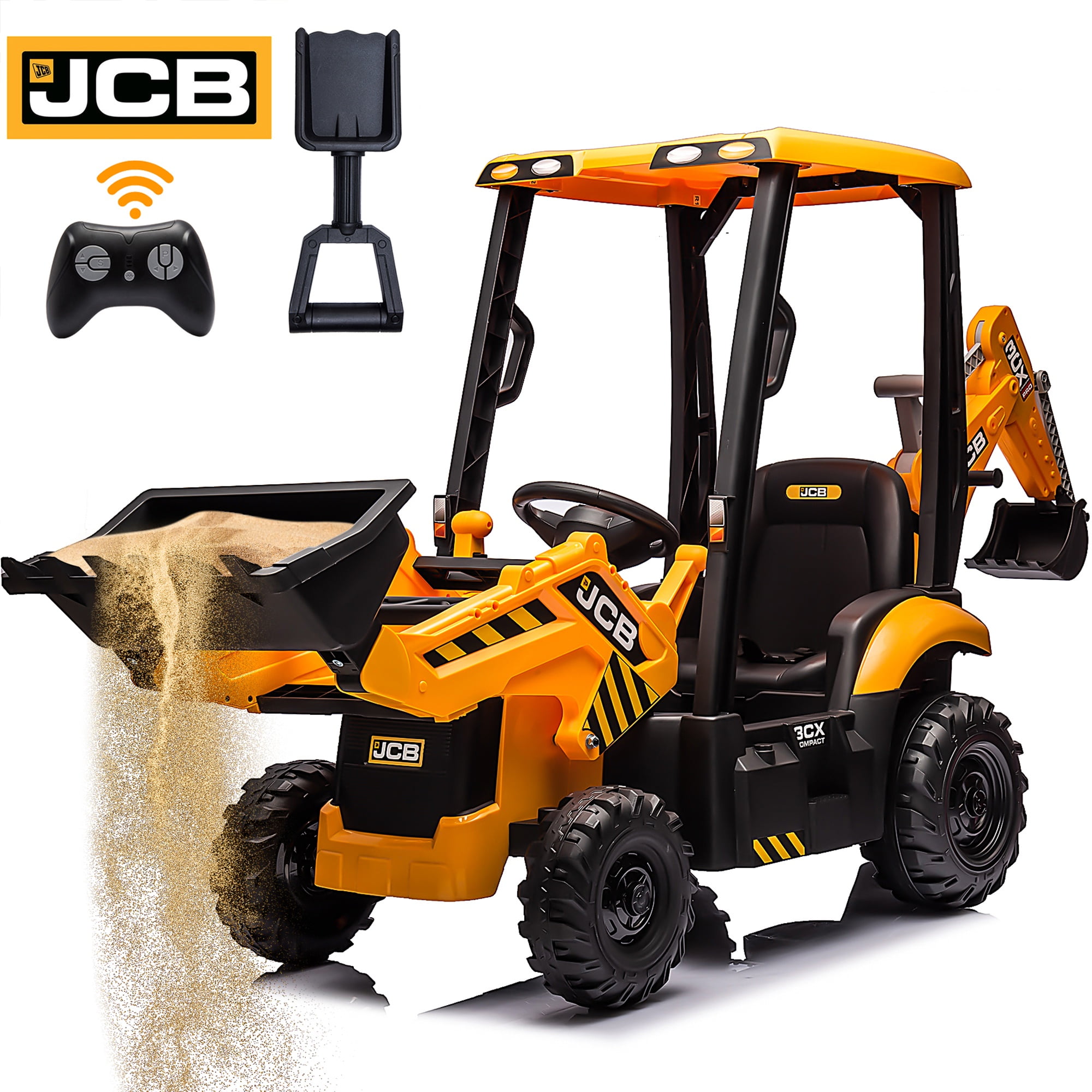12V Kids Ride on Excavator Digger Toy Cars, JCB Battery Powered Electric Tractor with Remote Control, Ride on Construction Truck w/Adjustable Front/ Back Loader and Shovel for 3-6 Boys Girls, Yellow