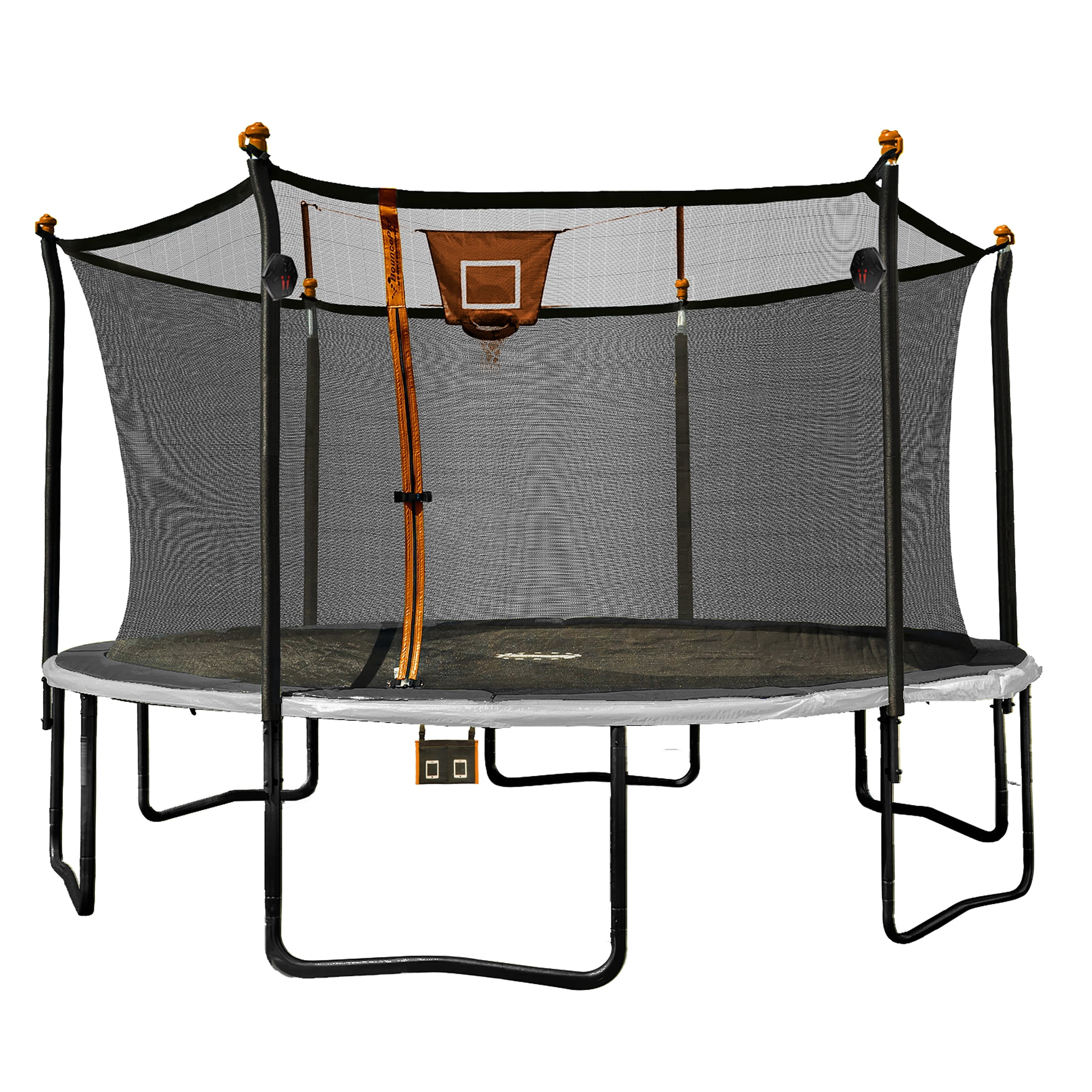 Bounce Pro 14ft Multiplay Trampoline & Enclosure Combo Set with Basketball, Electron Shooter Game, Flash Light Zone Features, Painted Legs & Phone Pouch