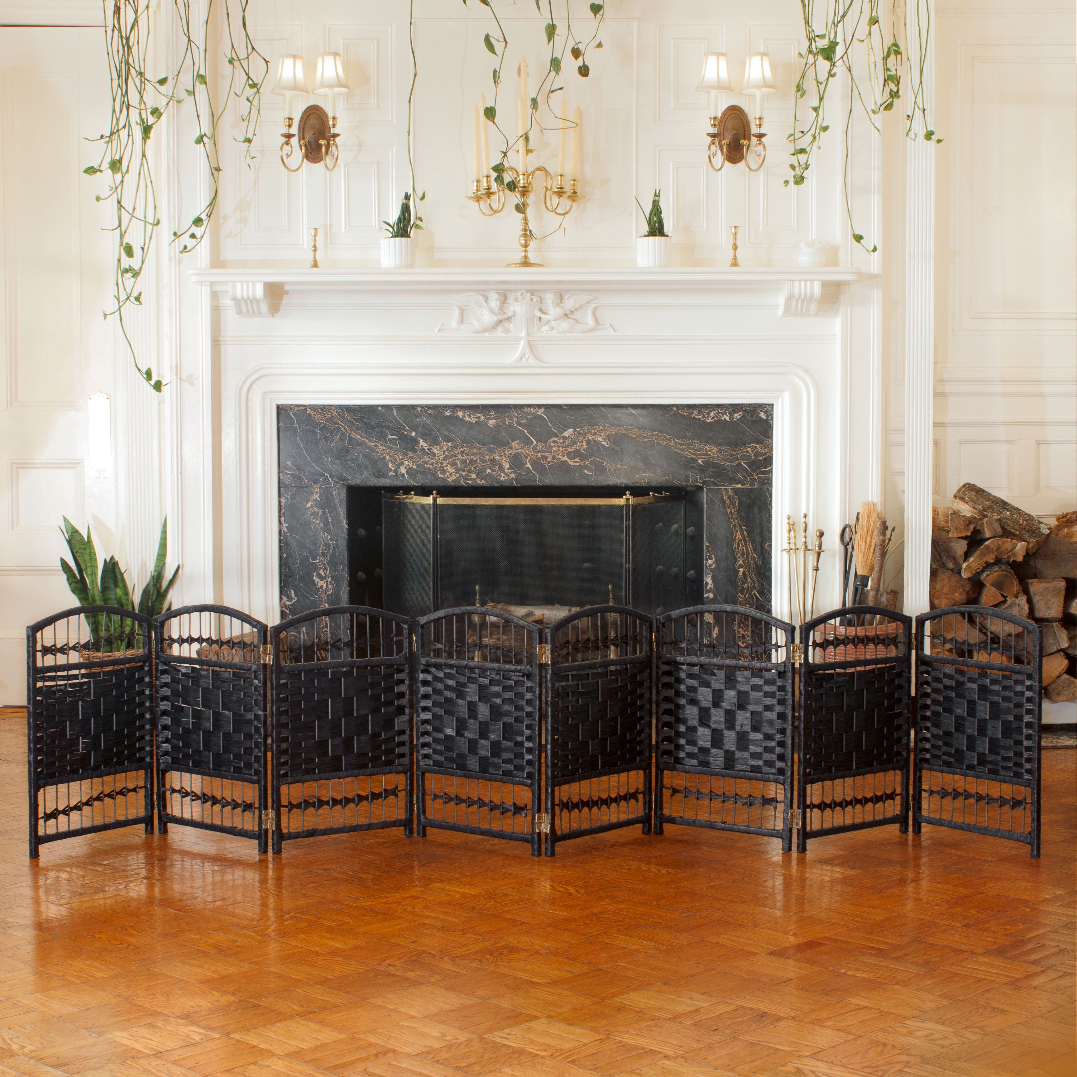 Red Lantern 2 ft. Short Fiber Weave Folding Screen - Black - 8 Panels