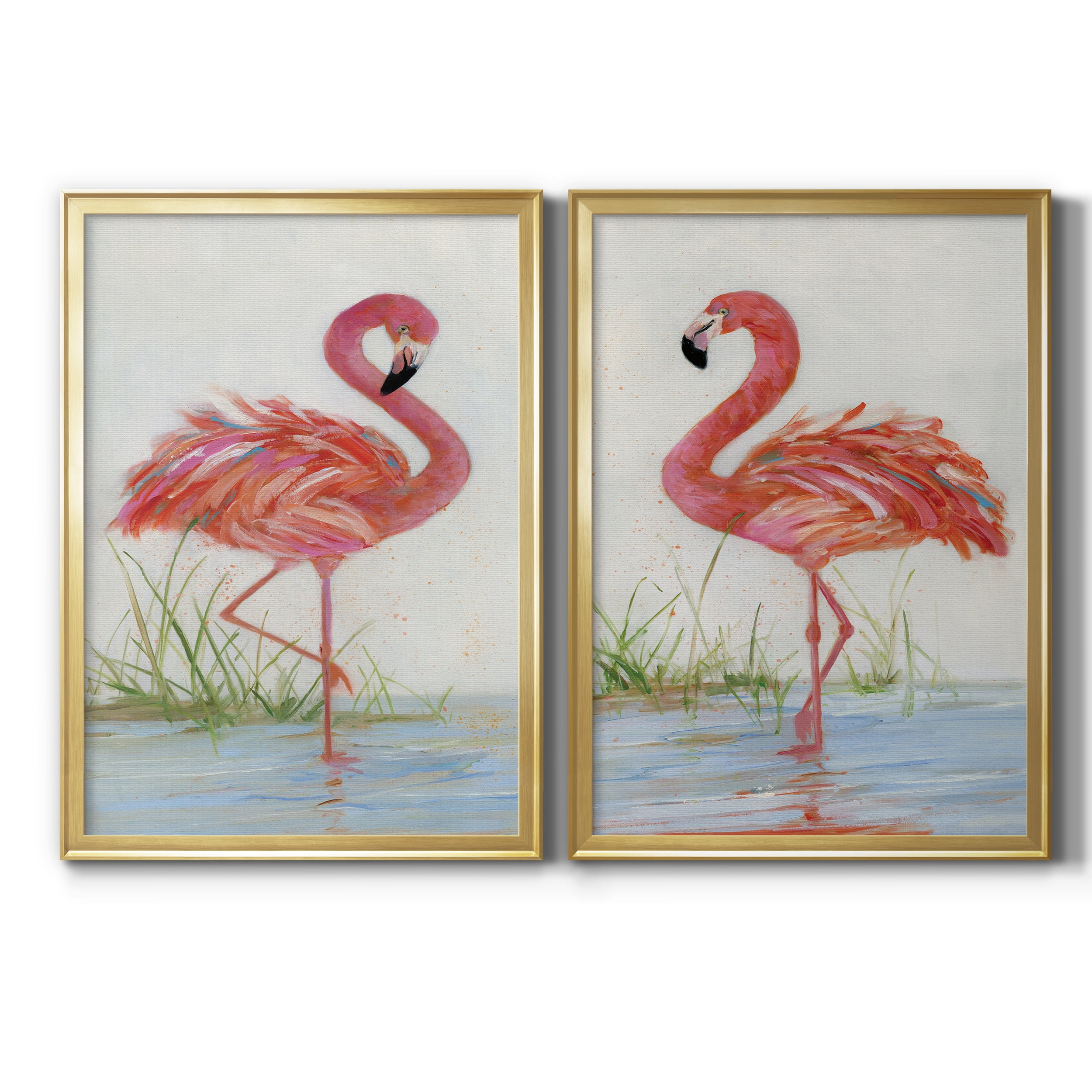 2 Piece Set Flamingo I Premium Framed Canvas - Ready to Hang - 18.5 x 24.5 Each - Gold Frame
