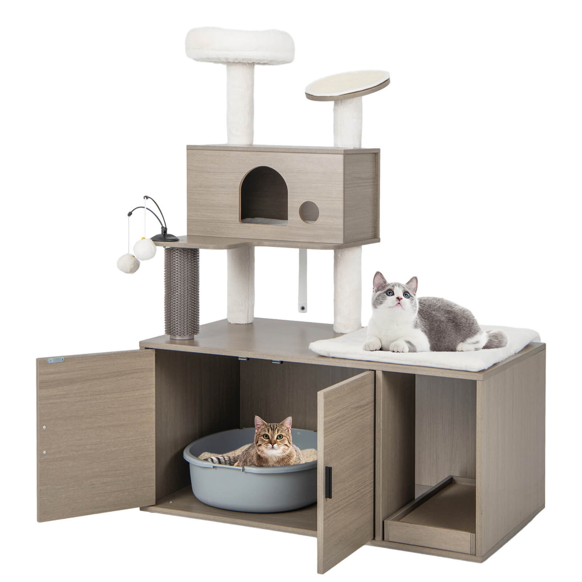 Gymax Cat Tree with Litter Box Enclosure 2-in-1 Modern Cat Tower with Cat Condo