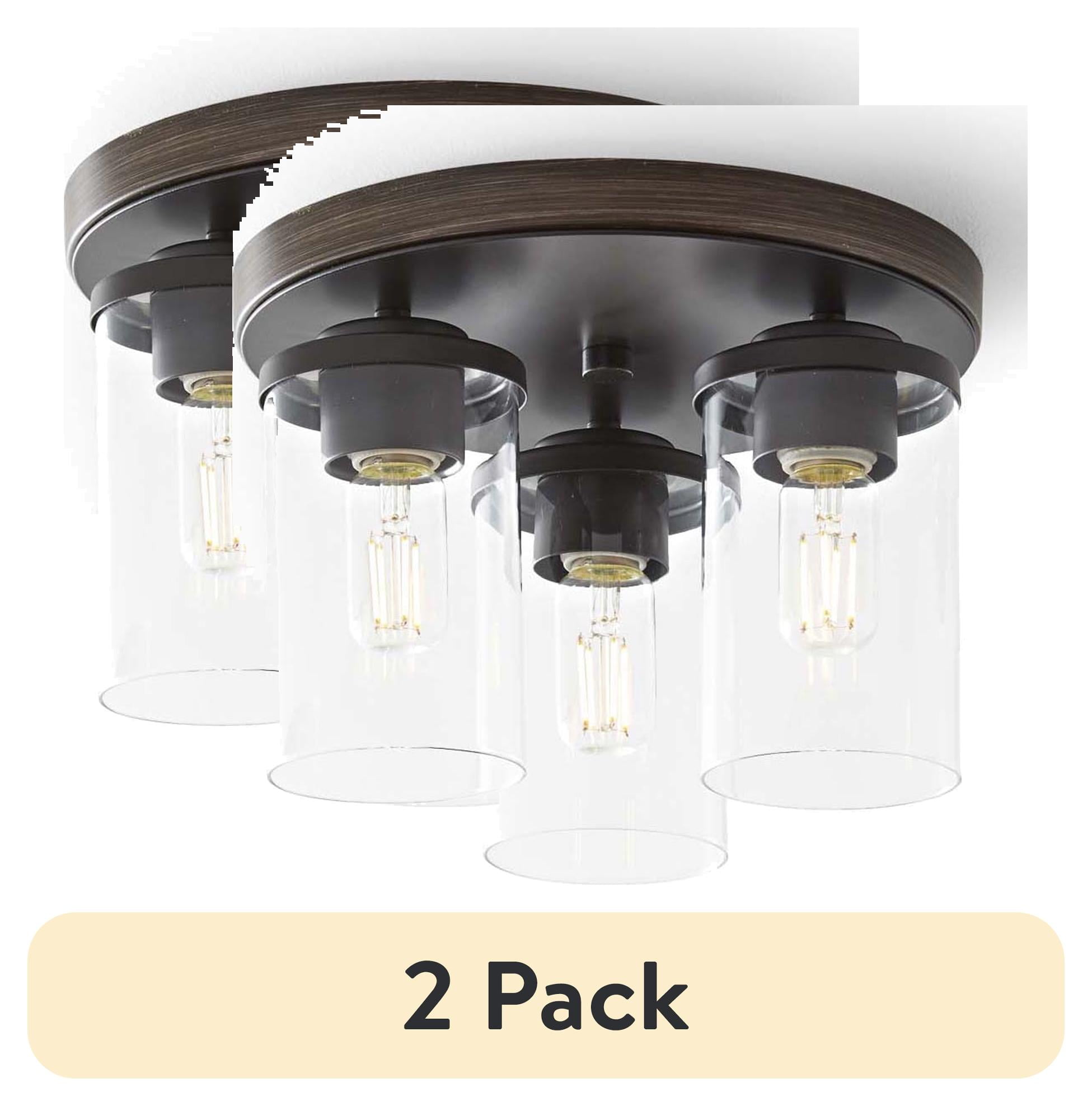 (2 pack) Better Homes & Gardens 12" Farmhouse 3-Light Walnut Flush Mount Ceiling Light, Clear Glass Shades