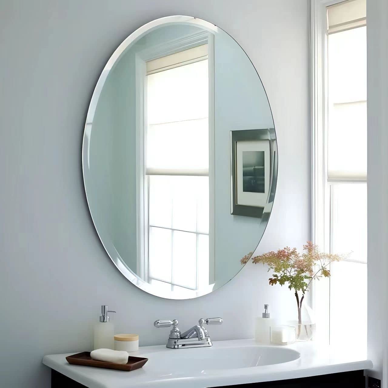 20 x 28 Inch Frameless Oval Bathroom Mirror for Vanity, Beveled Edge White Wall Mirror with Pure Silver Backing, Beautiful and Simple Looking