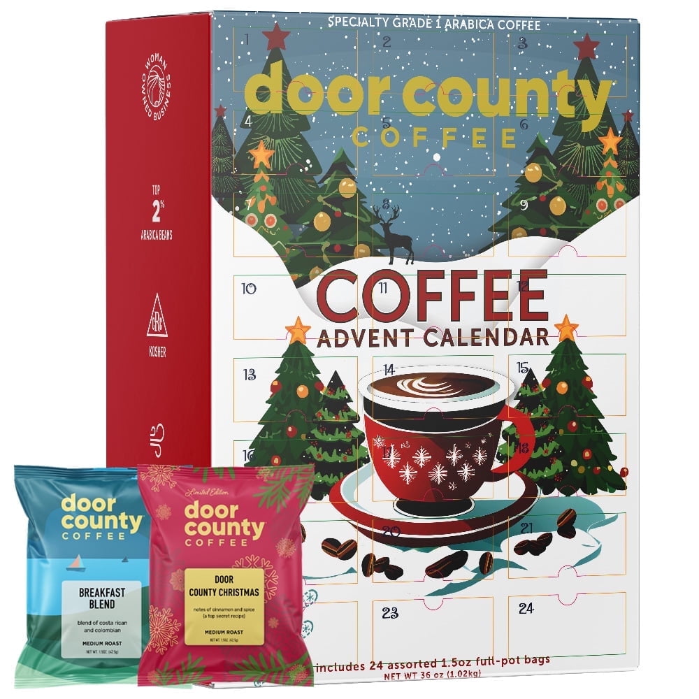 2025 Door County Coffee Christmas Coffee Advent Calendar, 24 Unique Specialty Coffees for the Holiday Season, GROUND, 1.5oz Bags
