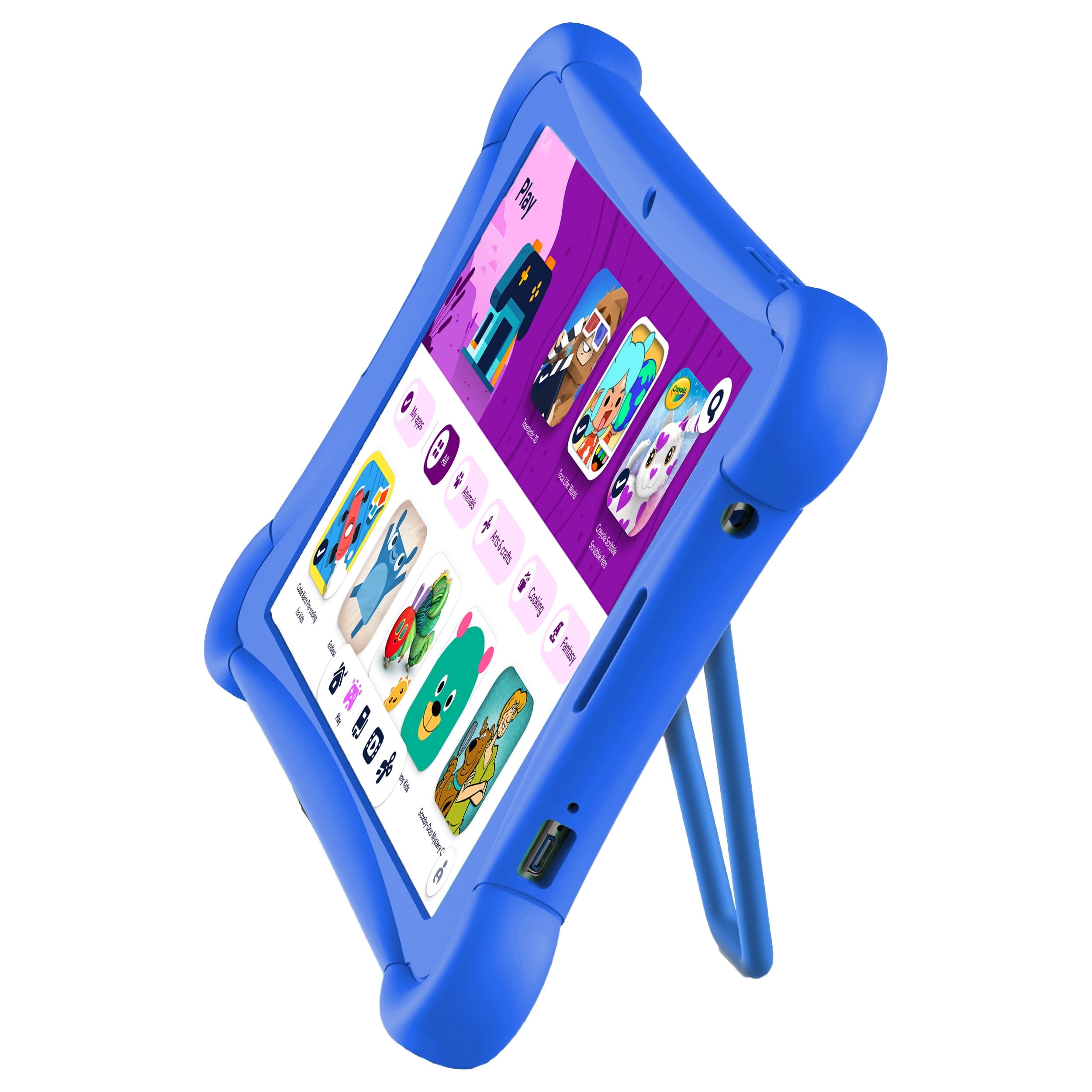 2024 ME Google Kids Space 10" Tablet Android, 64GB, Silicone Bumper Case Kickstand, Blue