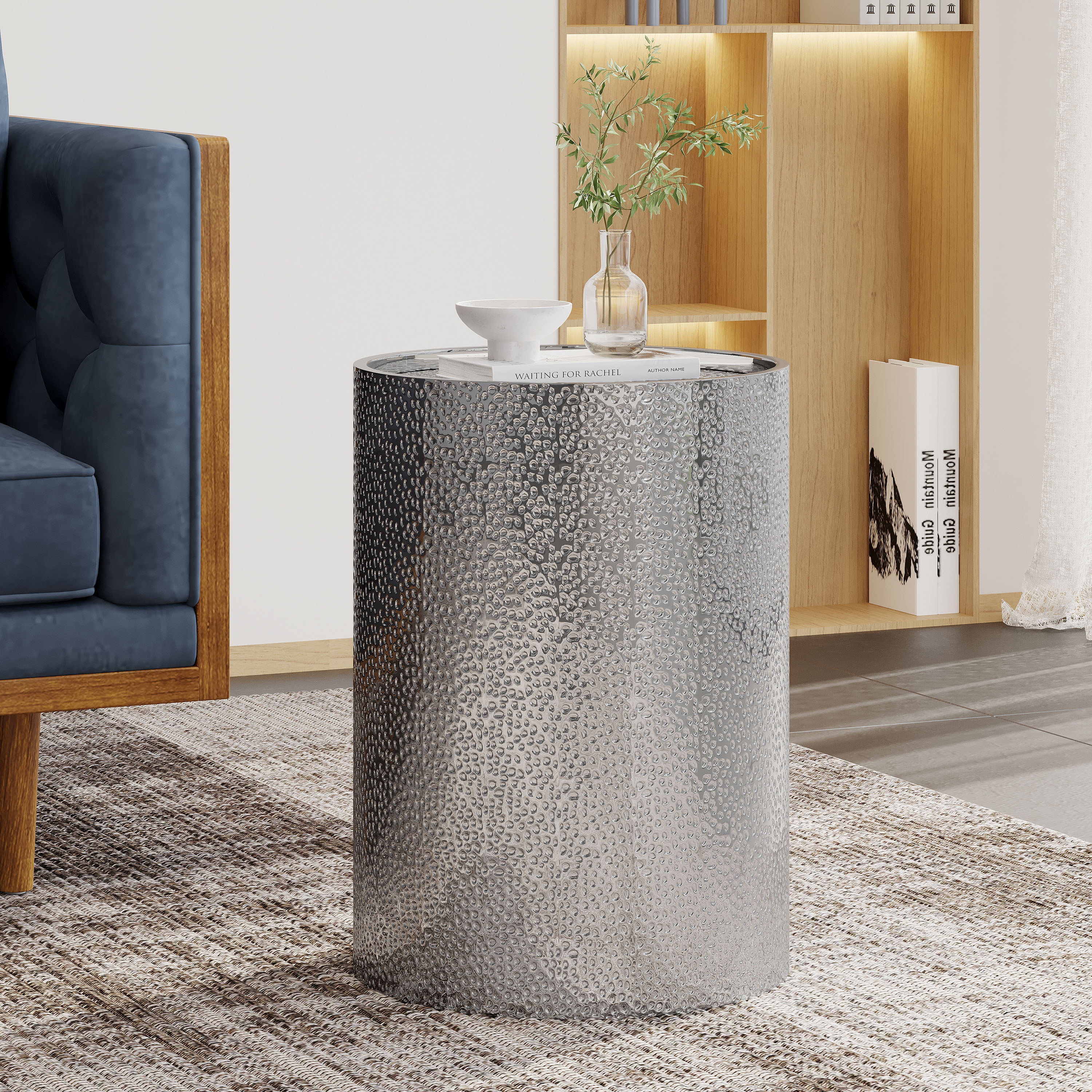 22.25" Silver Contemporary Hammered Cylindrical Accent Table