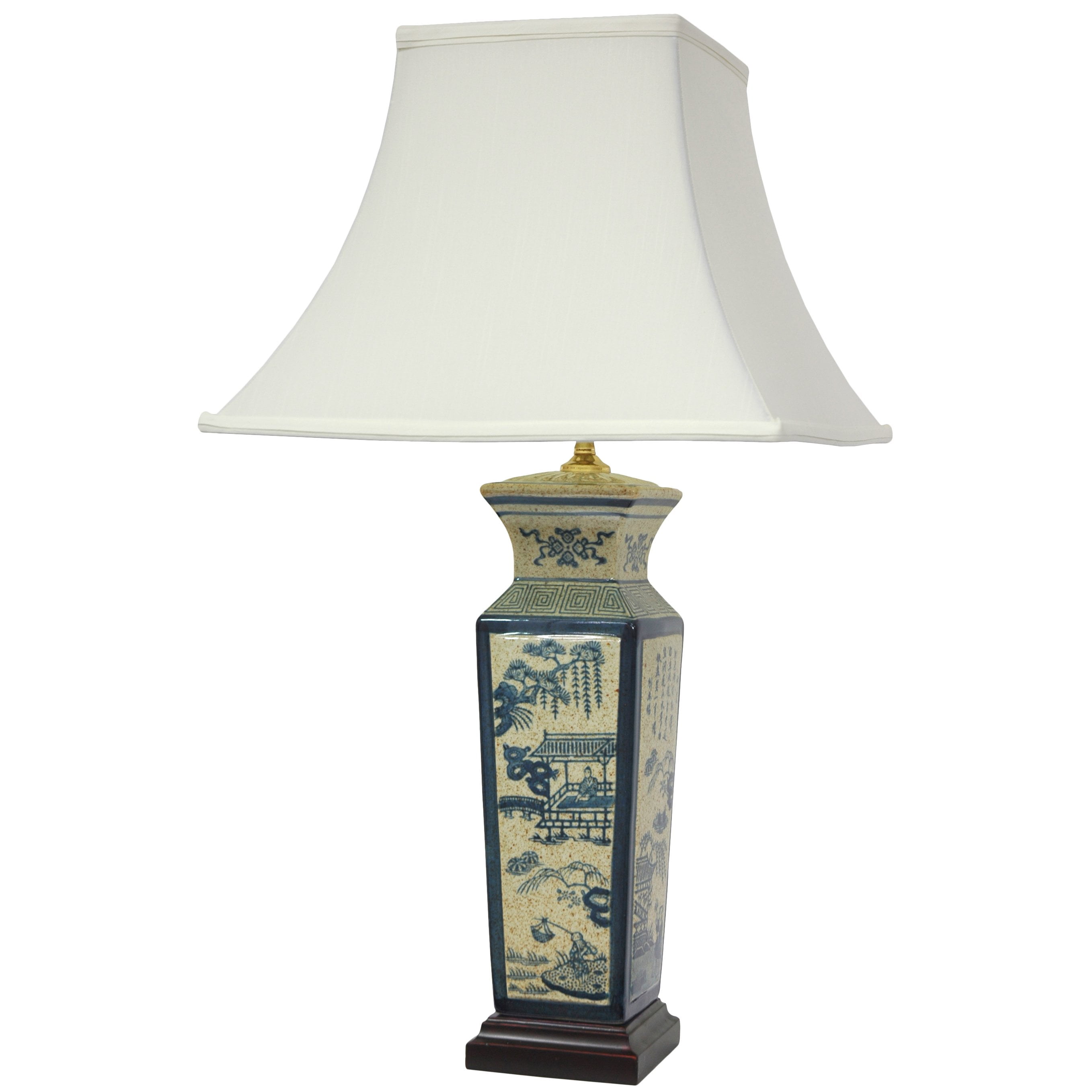26" Antiqued Blue and White Chinese Porcelain Table Lamp with Shade - Landscape