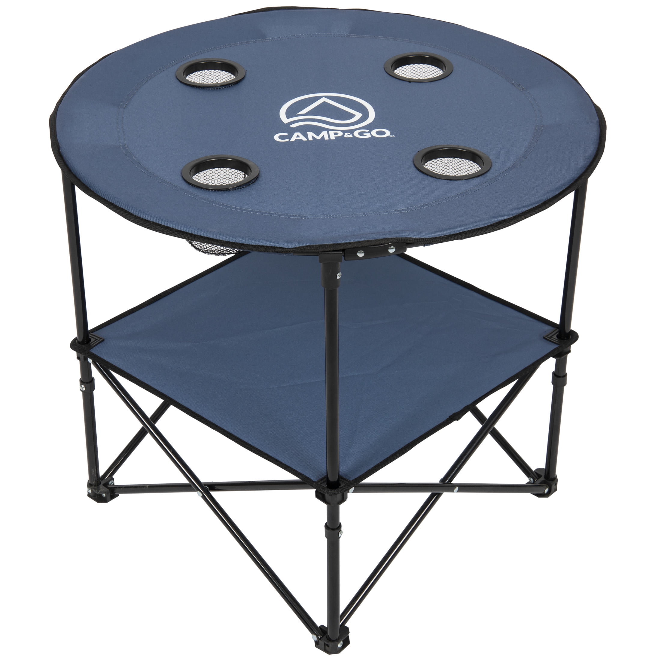 Camp & Go 28" Round Lightweight Fabric Portable Folding Beach Table with Cupholders, Slate Blue
