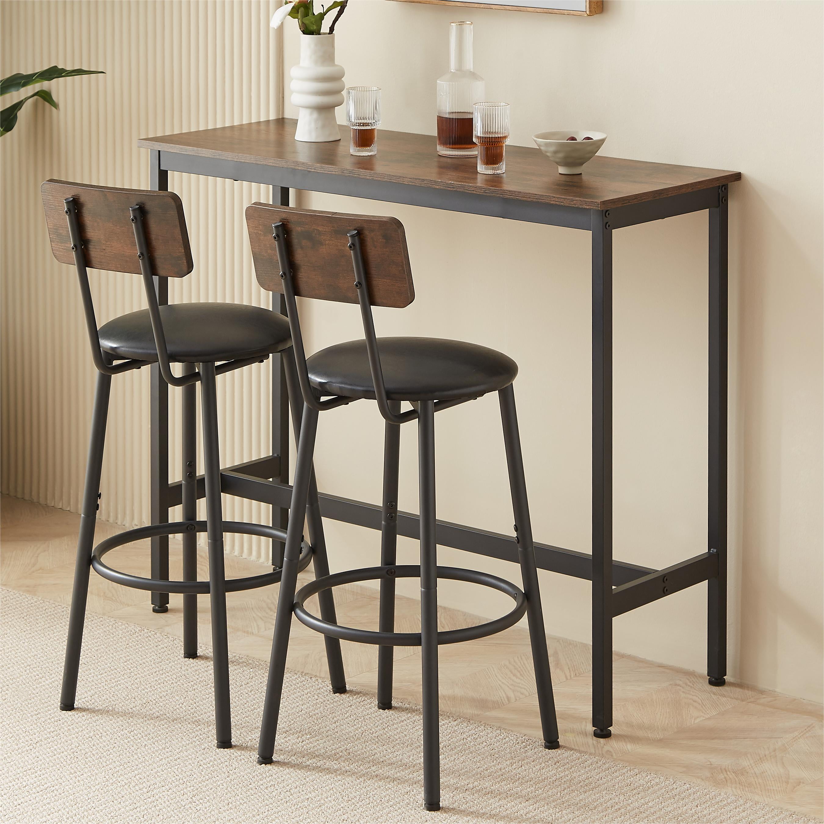 3 Pcs Bar Dining Table Set, Minimalist Style Bar Table With 2 Bar Stools PU Soft seat with Backrest Footrest for Dining Room, Kitchen, Rustic Brown,43.31"L x 15.75"W x 35.43"H