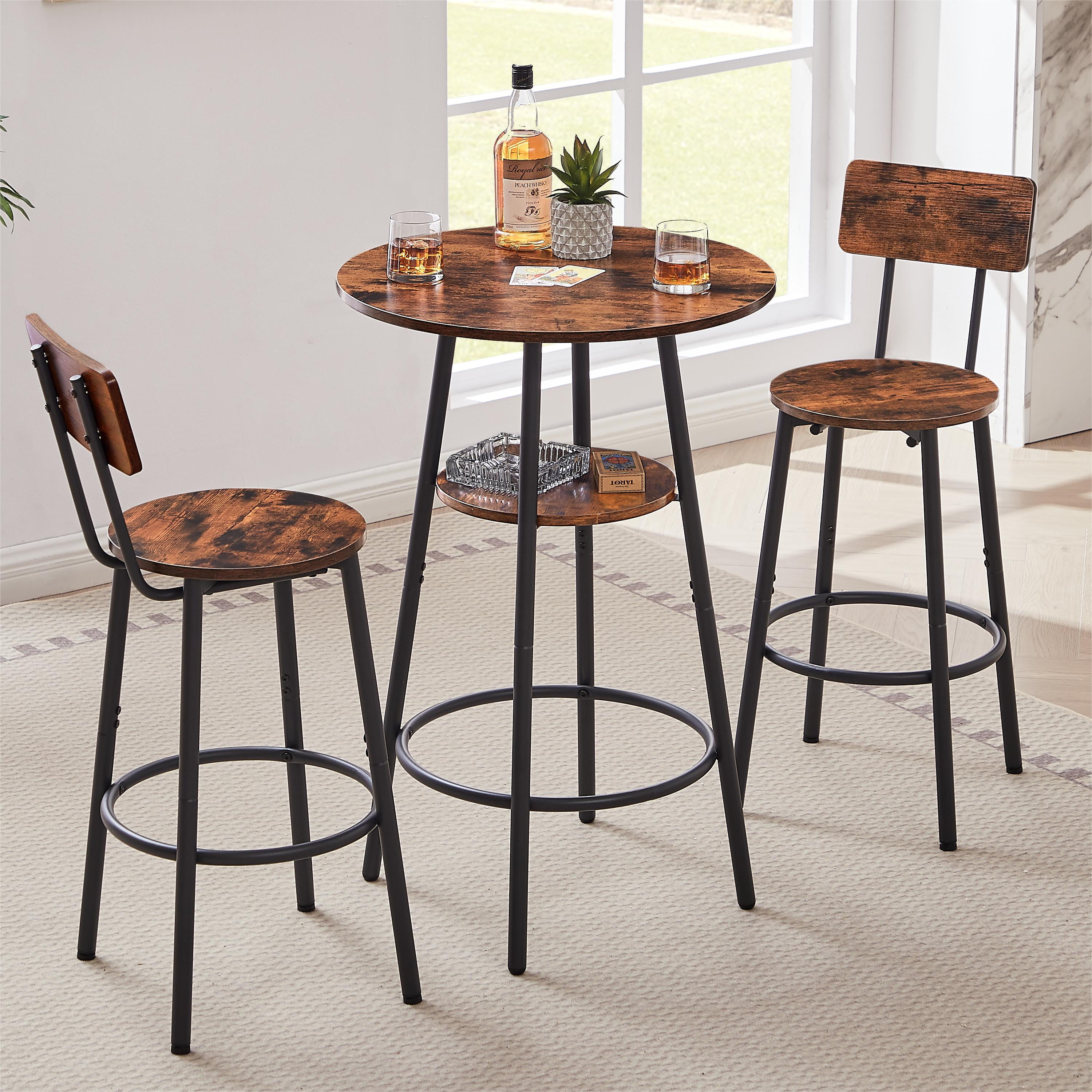 3 Piece Round Bar Table Set, Stool with Backrest,Rustic Brown, 23.6'' Dia x 35.4'' H