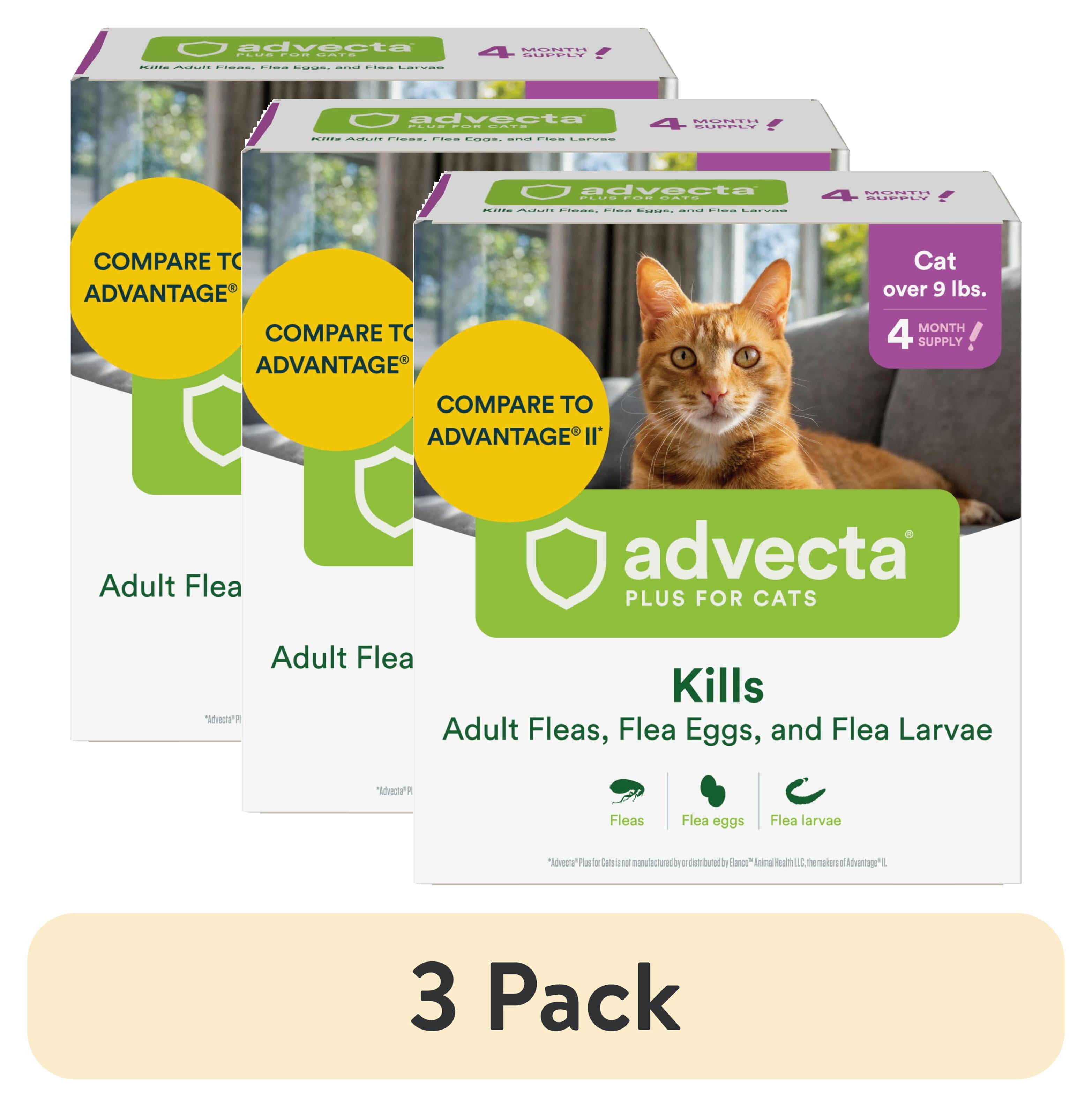 (3 pack) Advecta Plus Topical Large Cat Flea Treatment for Cats and Kittens, Flea Prevention and Control, Fast-Acting Waterproof Drops, 4-Month Supply