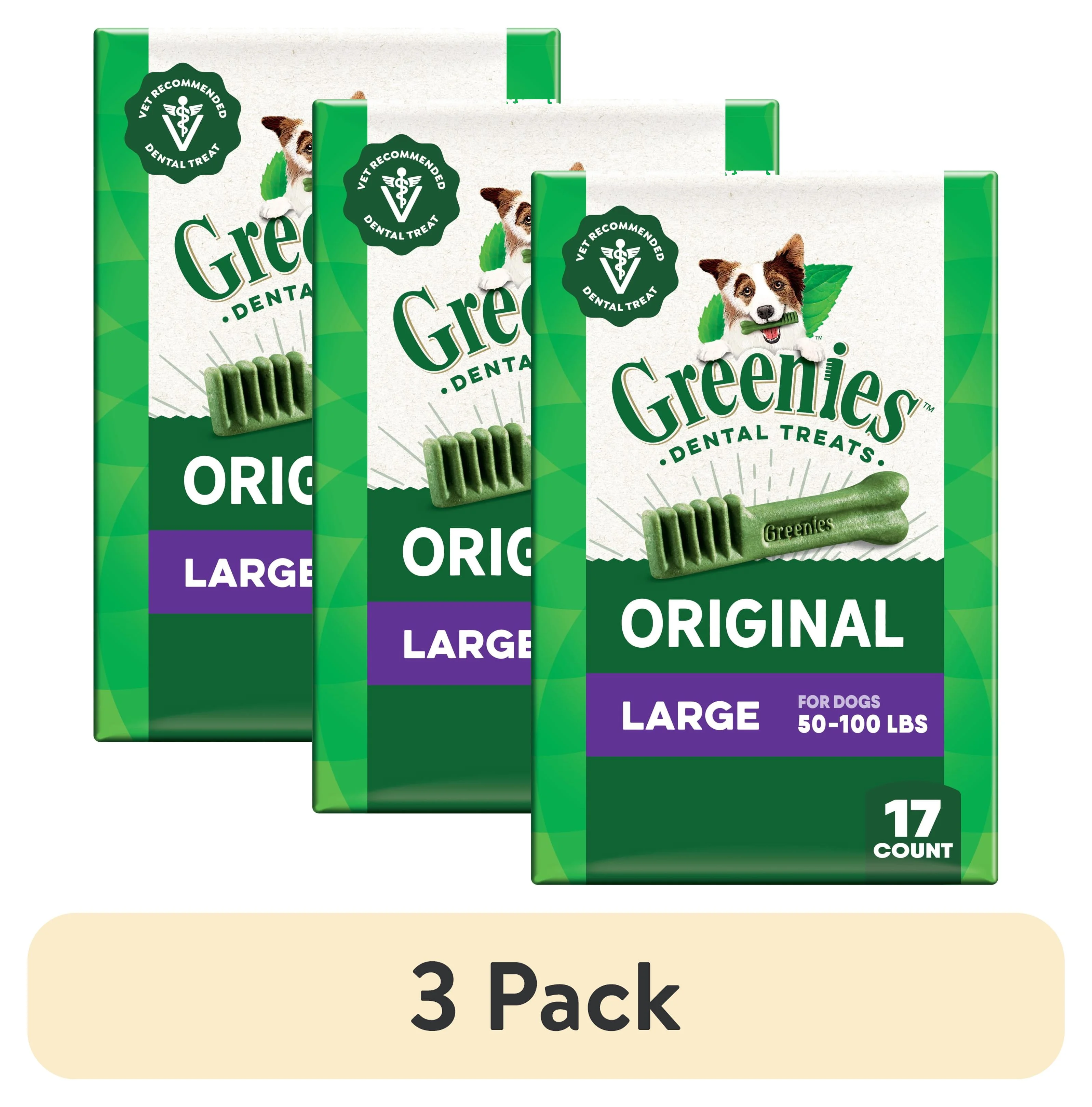 (3 pack) Greenies Original Large Natural Dental Care Dog Treats, 27 oz Pack (17 Treats)