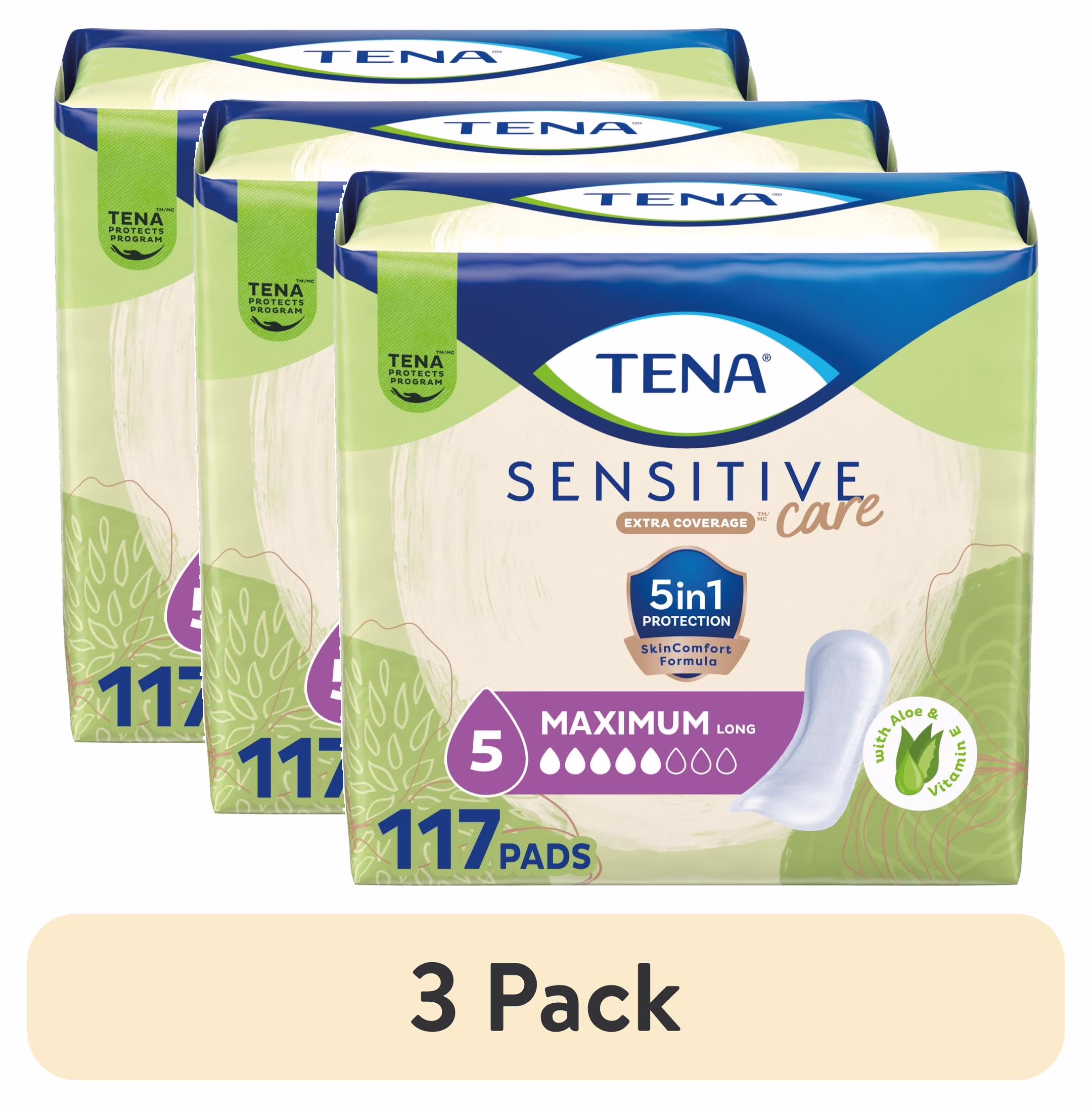 (3 pack) Tena Sensitive Care Maximum Absorbency Long Incontinence Pads for Women, 117 Count