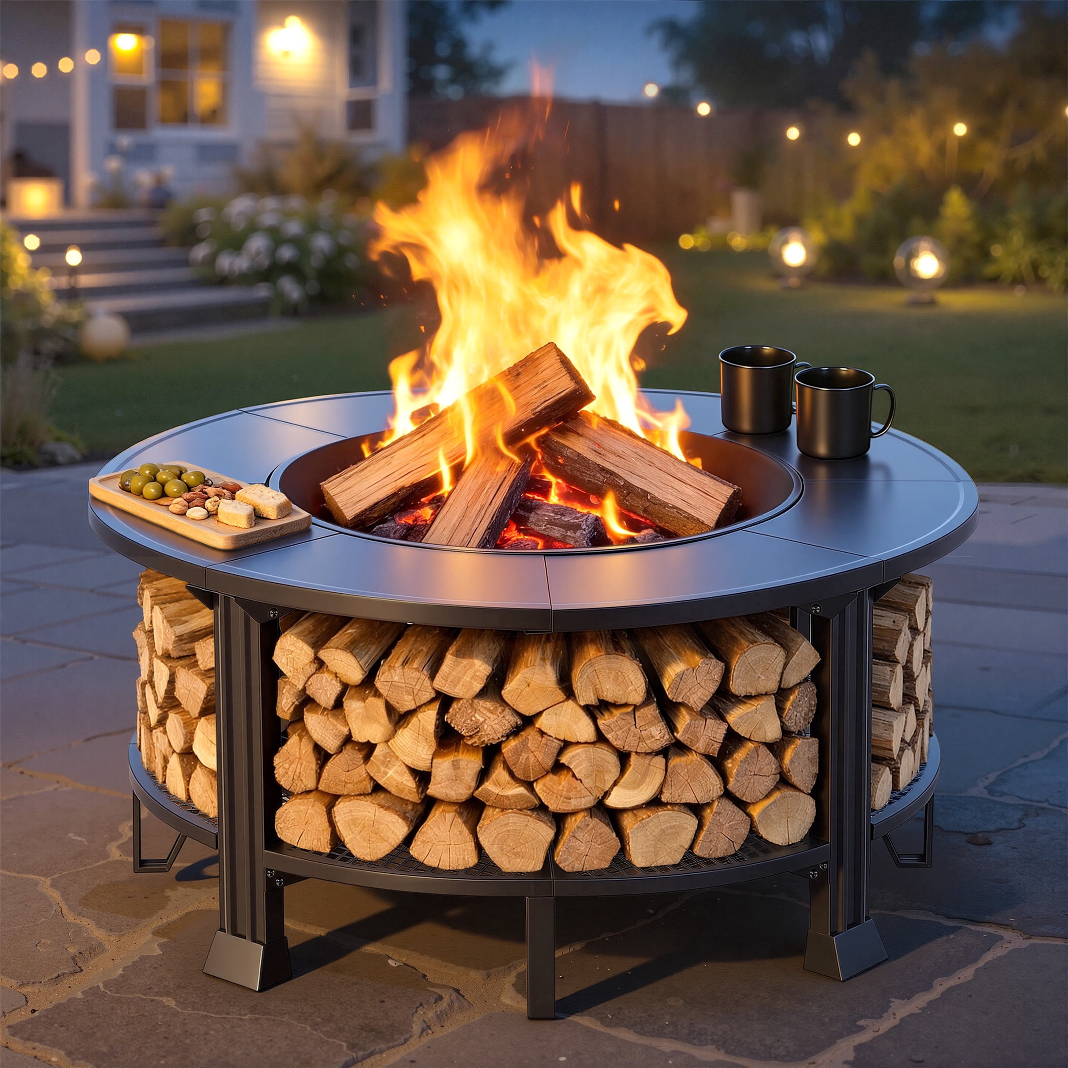 Fire Pits for Outside, 38" Wood Burning Fire Pit Table with Poker, BBQ Net Grill, Cover & Firewood Rack, Round Outdoor Fire Pit for Patio, Backyard & Garden, Round Fire Pit/BBQ Fire Pit, Black