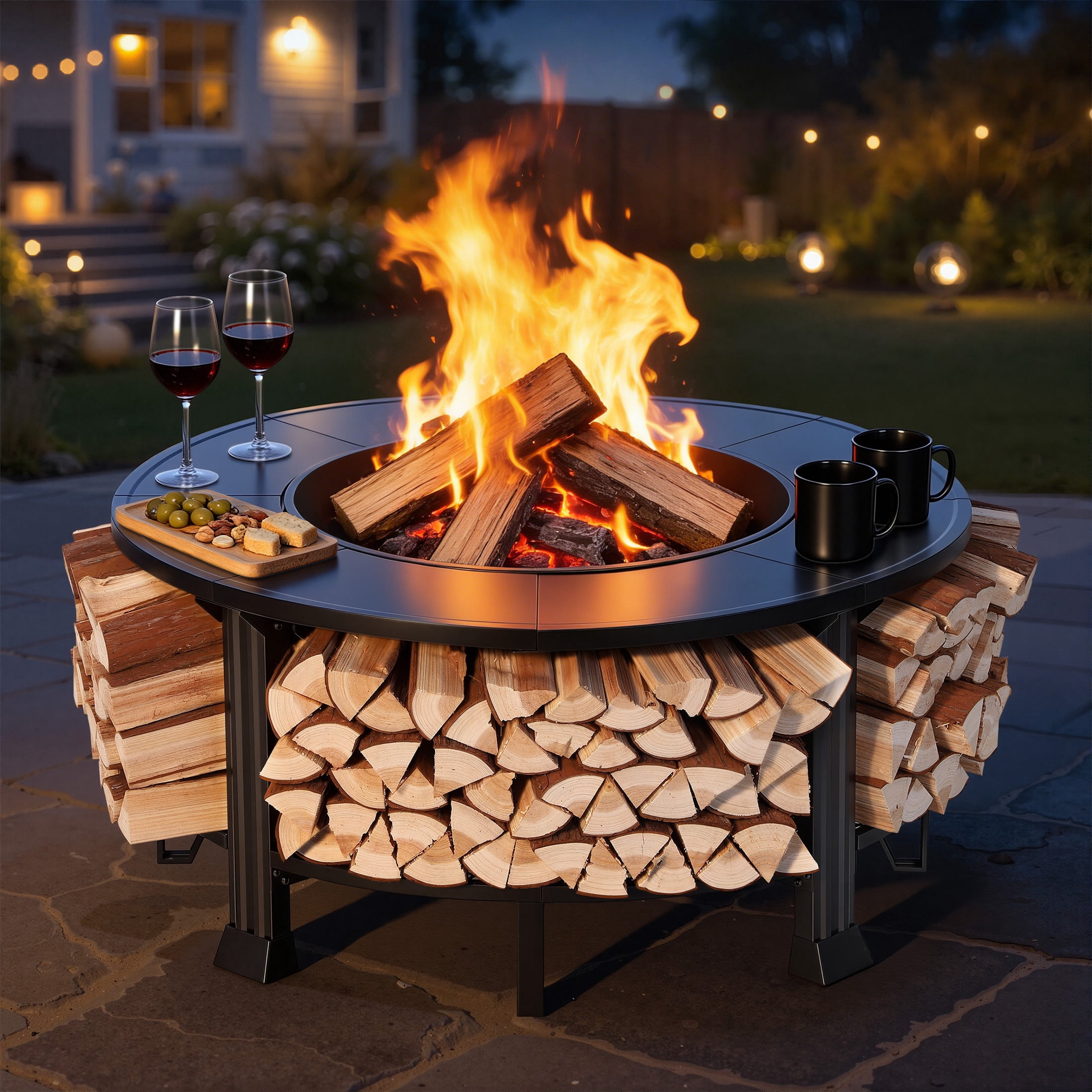 Fire Pits for Outside, 38” Wood Burning Fire Pit Table with Poker, BBQ Net Grill, Cover & Firewood Rack, Round Outdoor Fire Pit for Patio, Backyard & Garden, Round Fire Pit/BBQ Fire Pit, Black