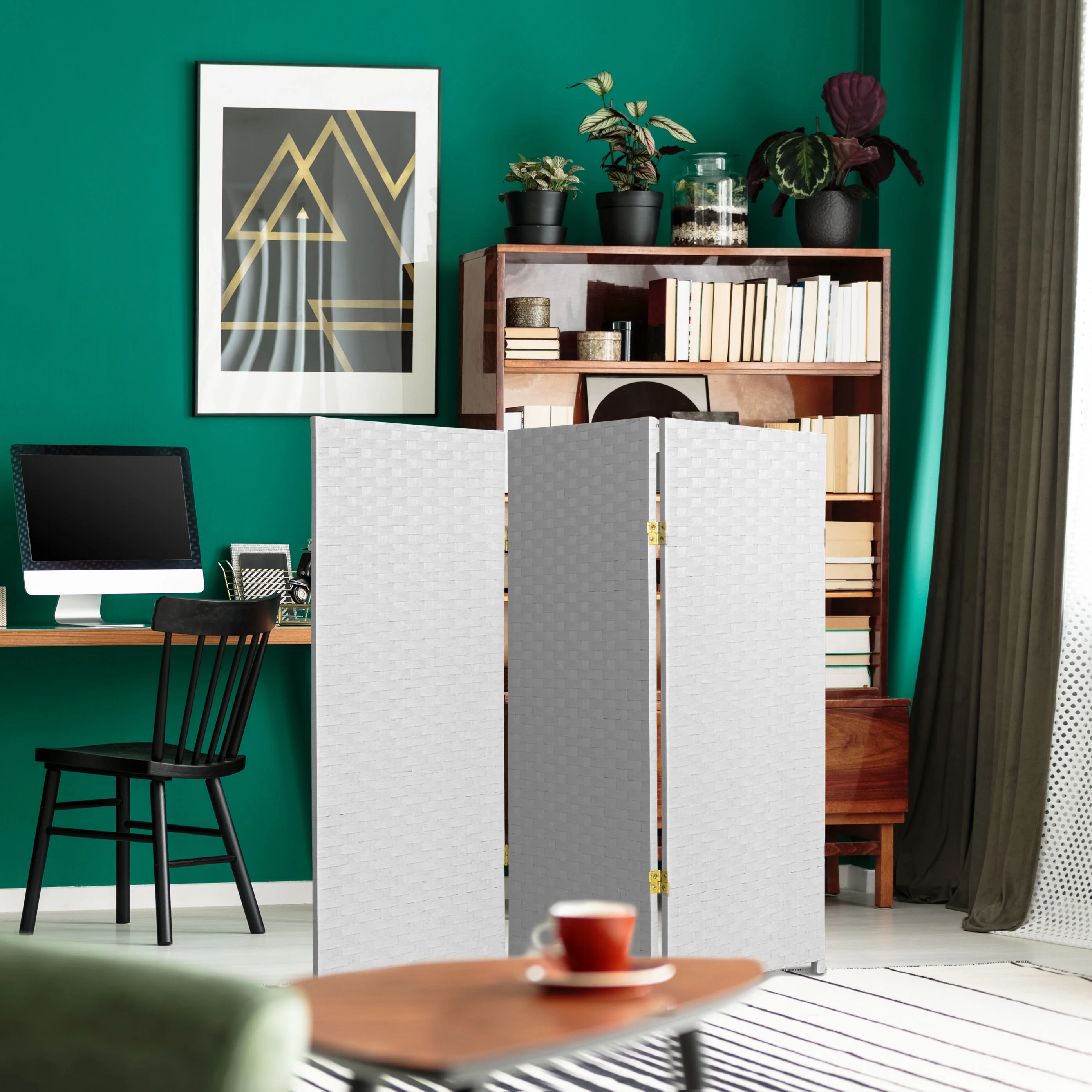 4 ft. Tall Color Dyed Fiber Weave Panel Screen Room Divider - White - 3 Panel