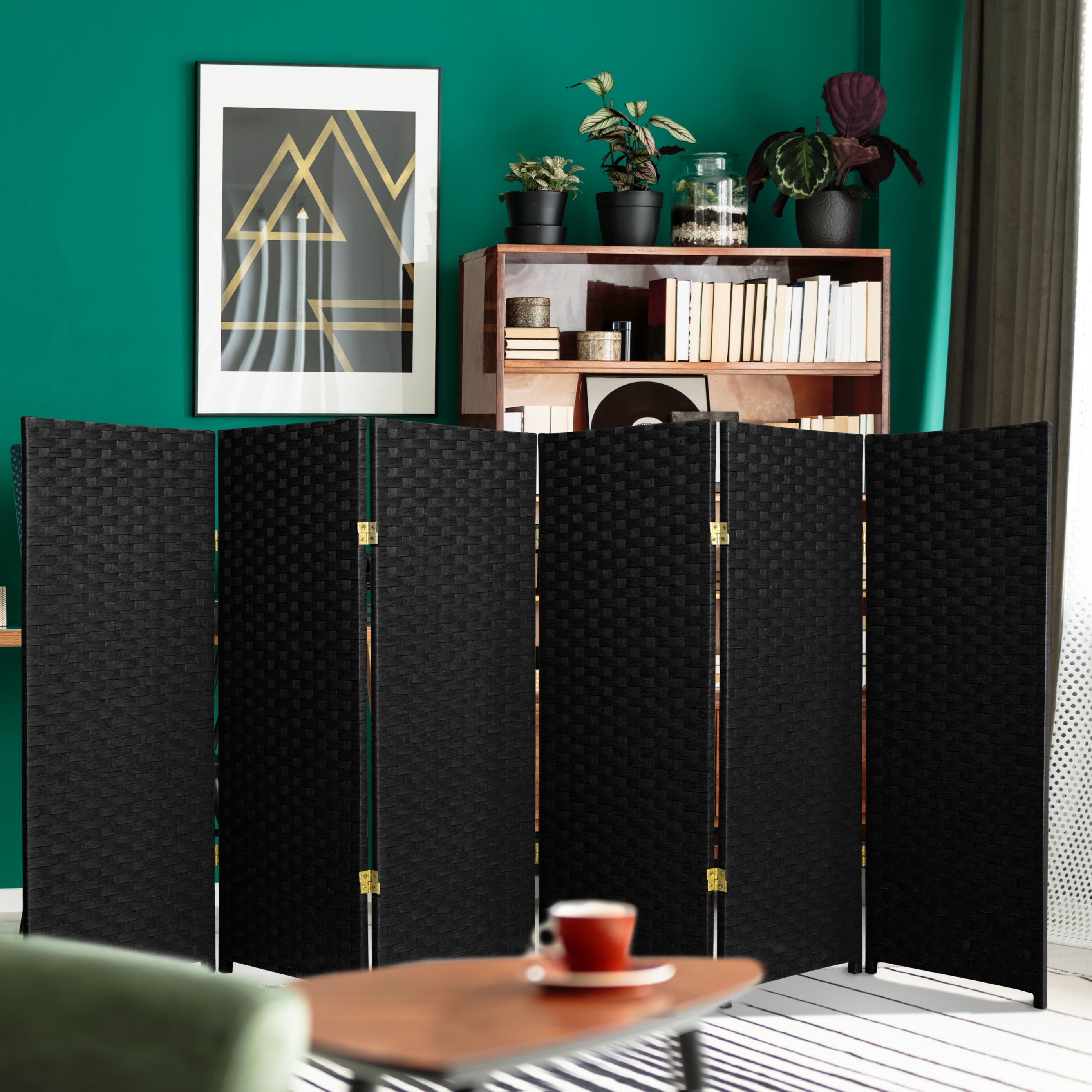 4 ft. Tall Color Dyed Fiber Weave Panel Screen Room Divider - Black - 6 Panel