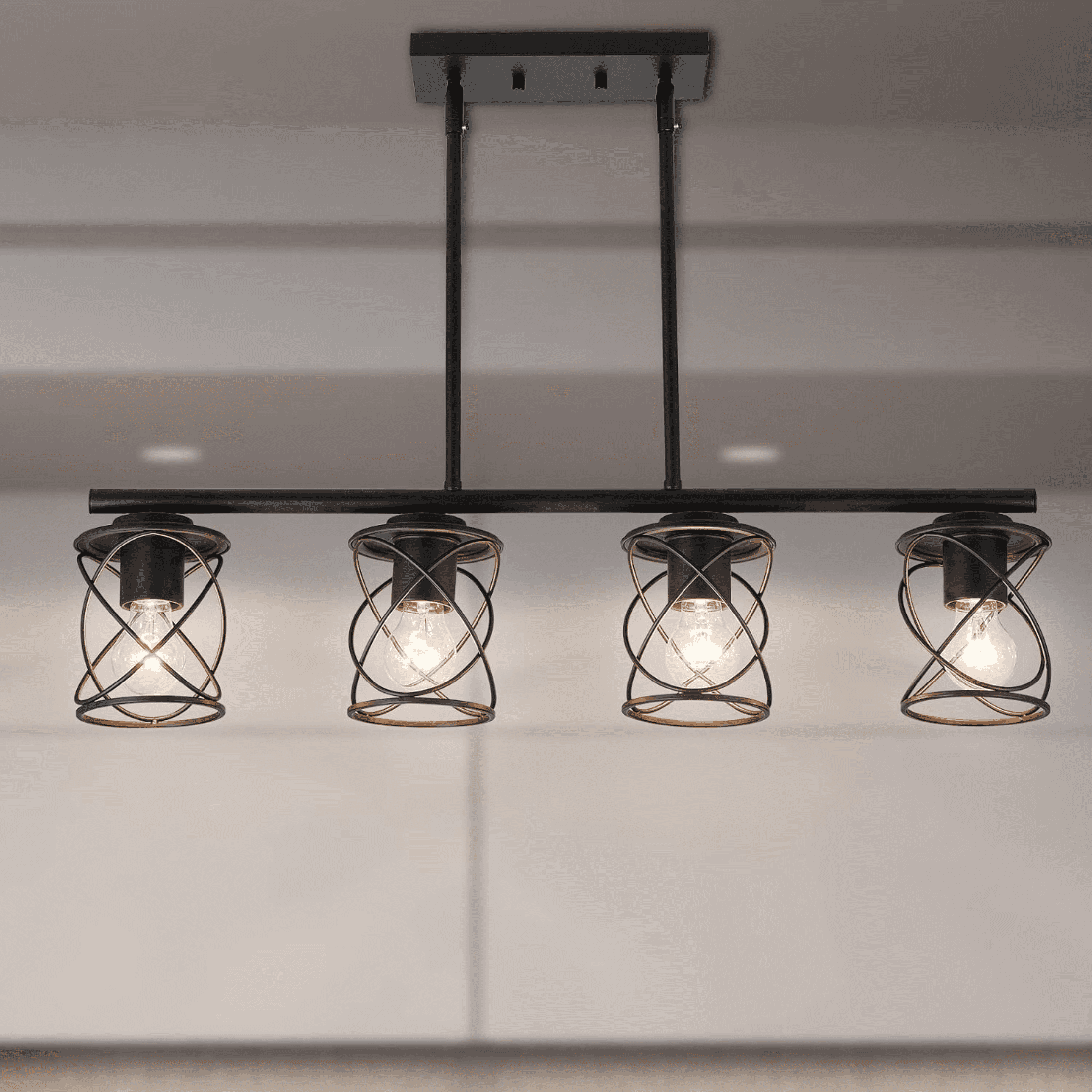 4-Light Kitchen Island Light, Dining Room Lighting Fixtures Hanging for Kitchen Island Table Living Room, Black Metal