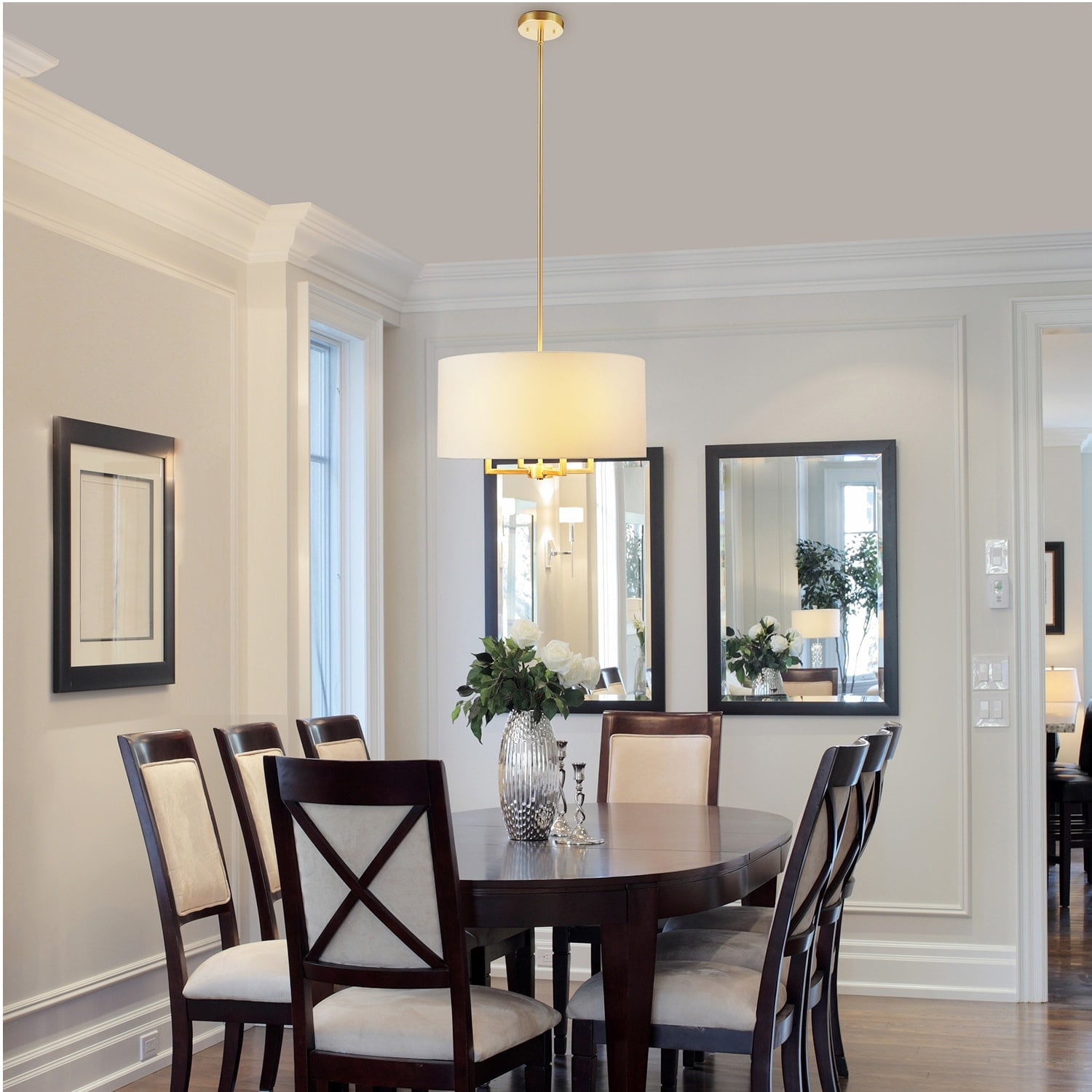 4-Light Matte Brass Pendant Lighting with Beige Fabric Shade