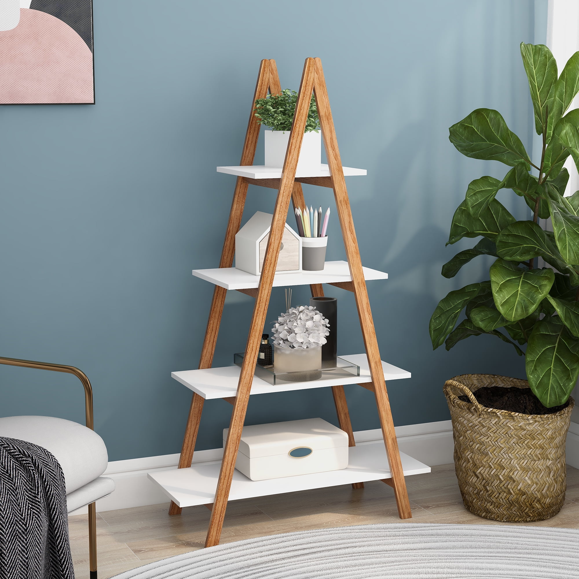 4 Tier Ladder Bookshelf,A-Shaped Industrial Storage Shelf Bookcase Storage Rack Shelves,Rustic White