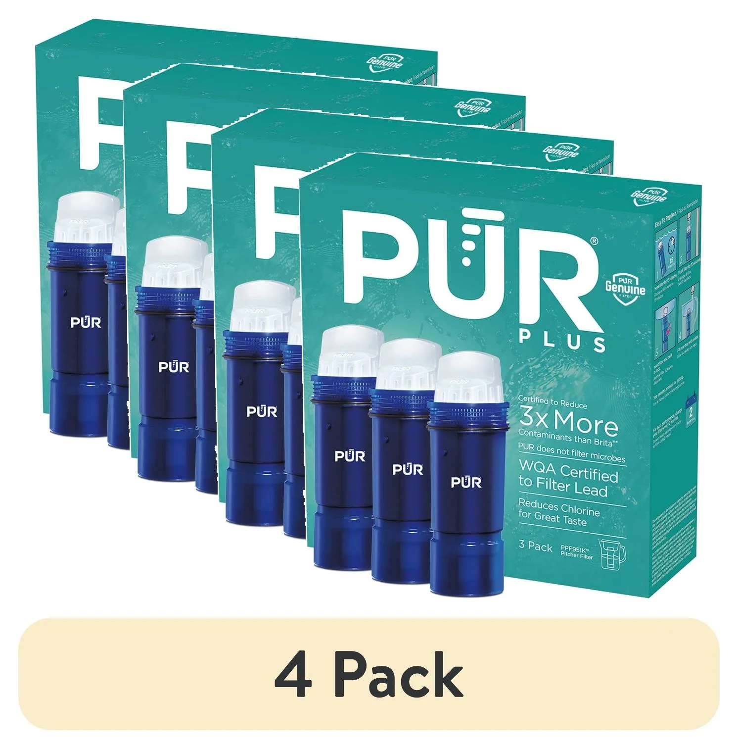 (4 pack) PUR PLUS Replacement Water Filters with Lead Reduction, 3 Pack, PPF951K3