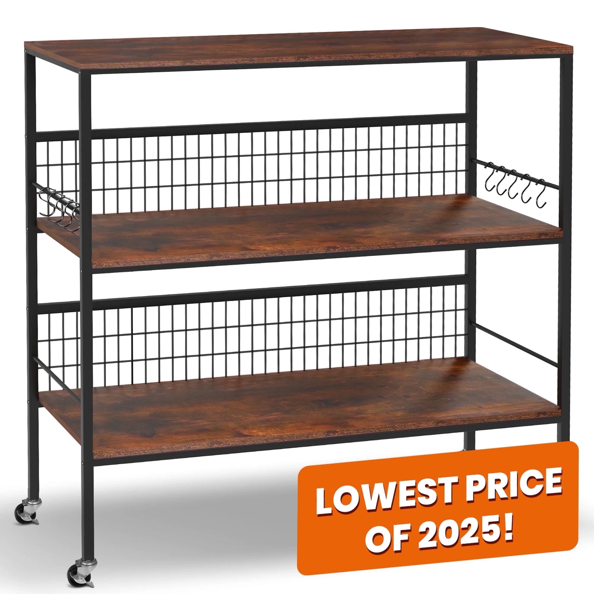 40" Wheeled Kitchen Storage Cart Island with Shelves, Copedvic 3-Tier Kitchen Bakers Rack with 10 Hooks