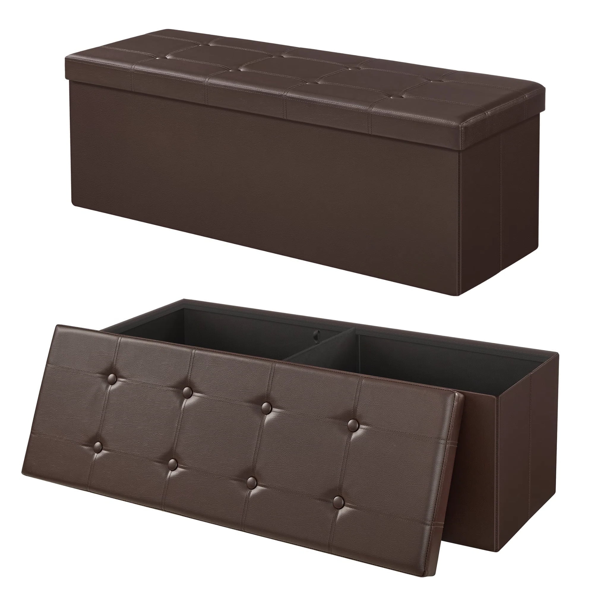 SONGMICS 43" Storage Ottoman Bench Folding Leather Ottoman with Storage Footrest Holds 660lb for Bedroom Brown