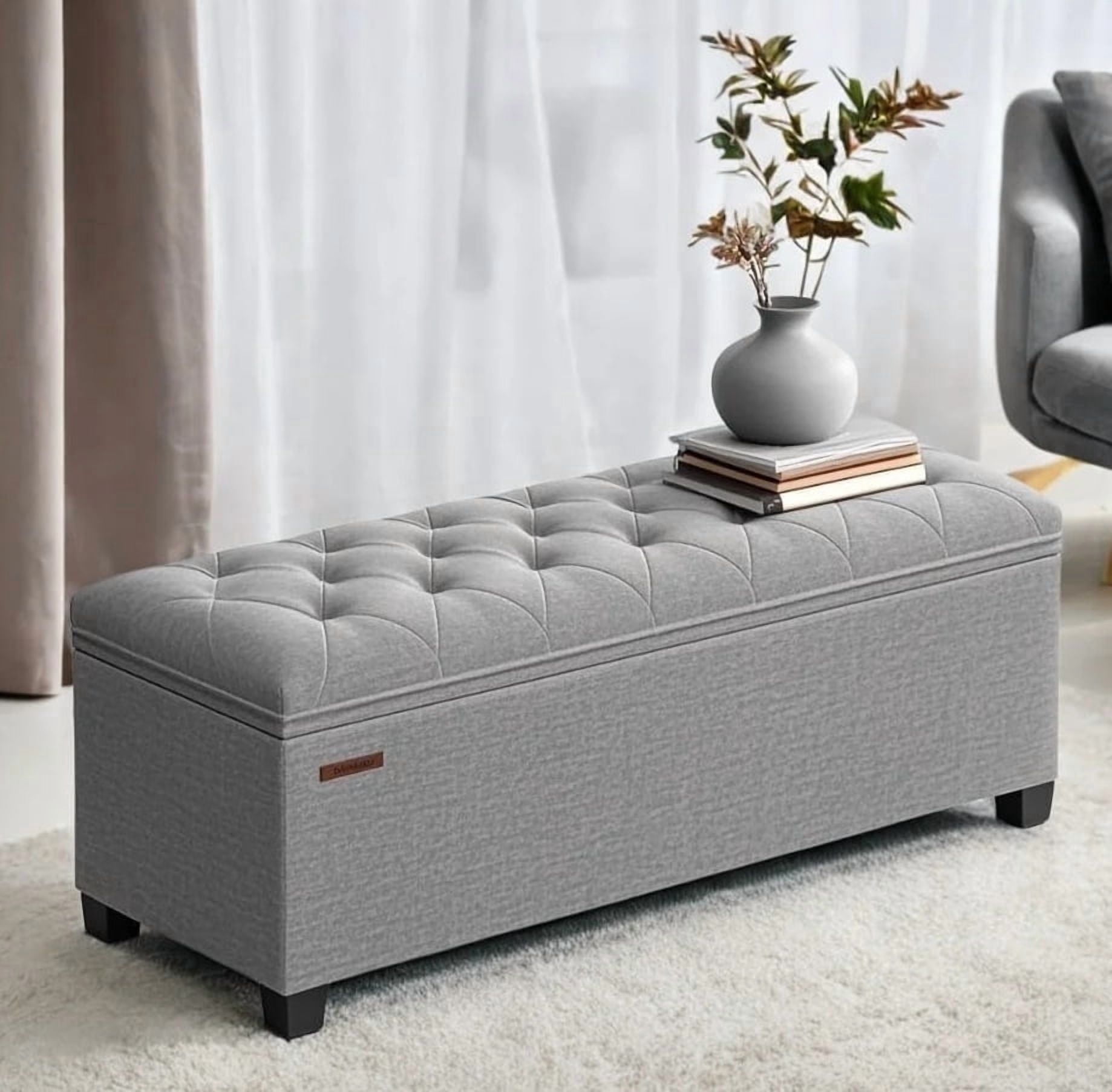 SONGMICS 43.3" Storage Ottoman Bench Ottoman with Storage Hold up to 660lbs Bedroom Bench for Entryway Living Room Light Gray