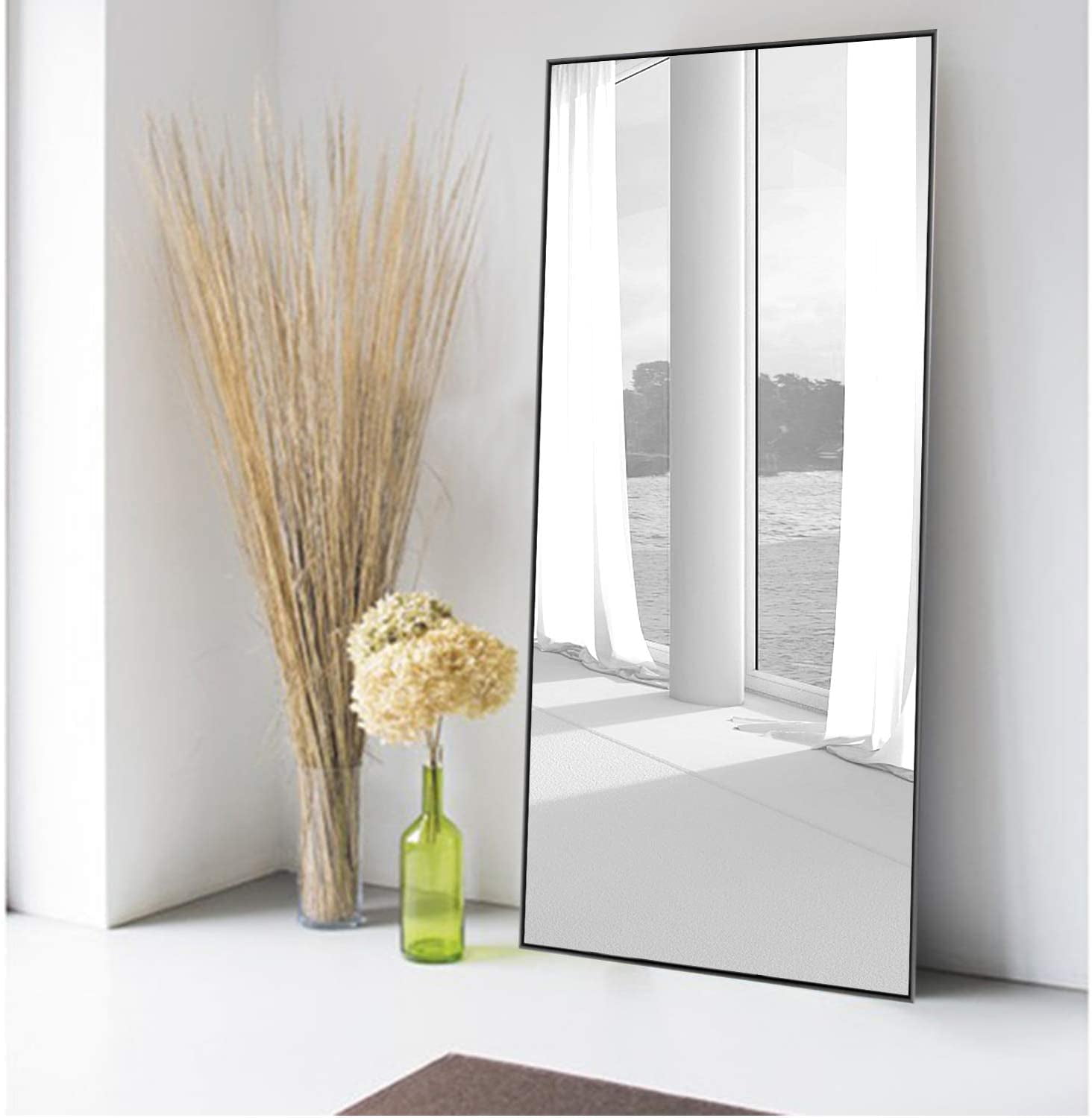 47" x 22" Modern Rectangle Full Length Mirror Floor Mirror with Bracket,Black