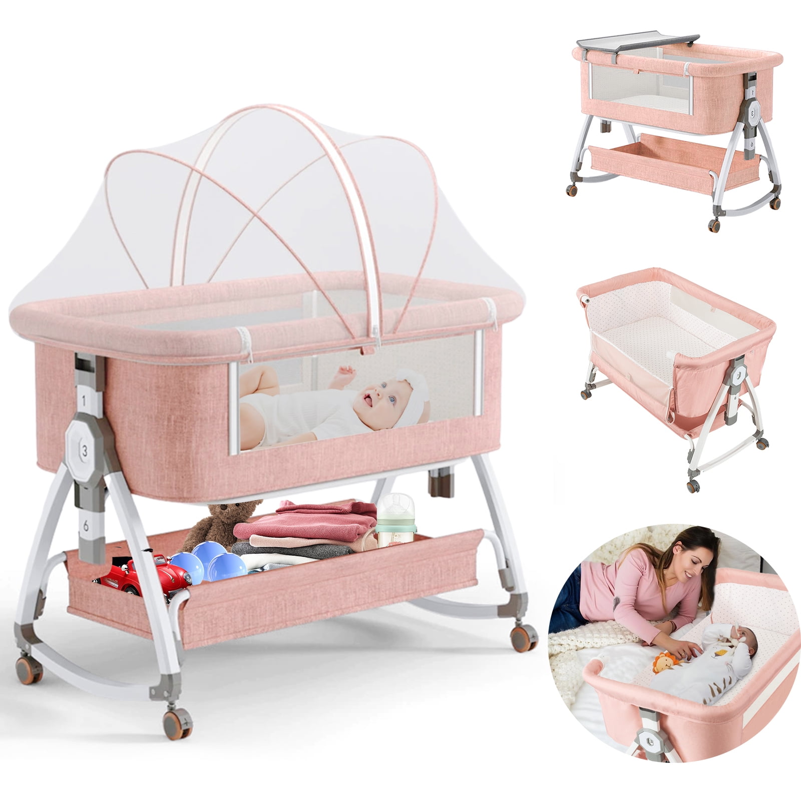 5-in-1 Folding Baby Bassinet,6-Height-Adjustable Crib with Lockable Wheels,Changing Table(Pink)