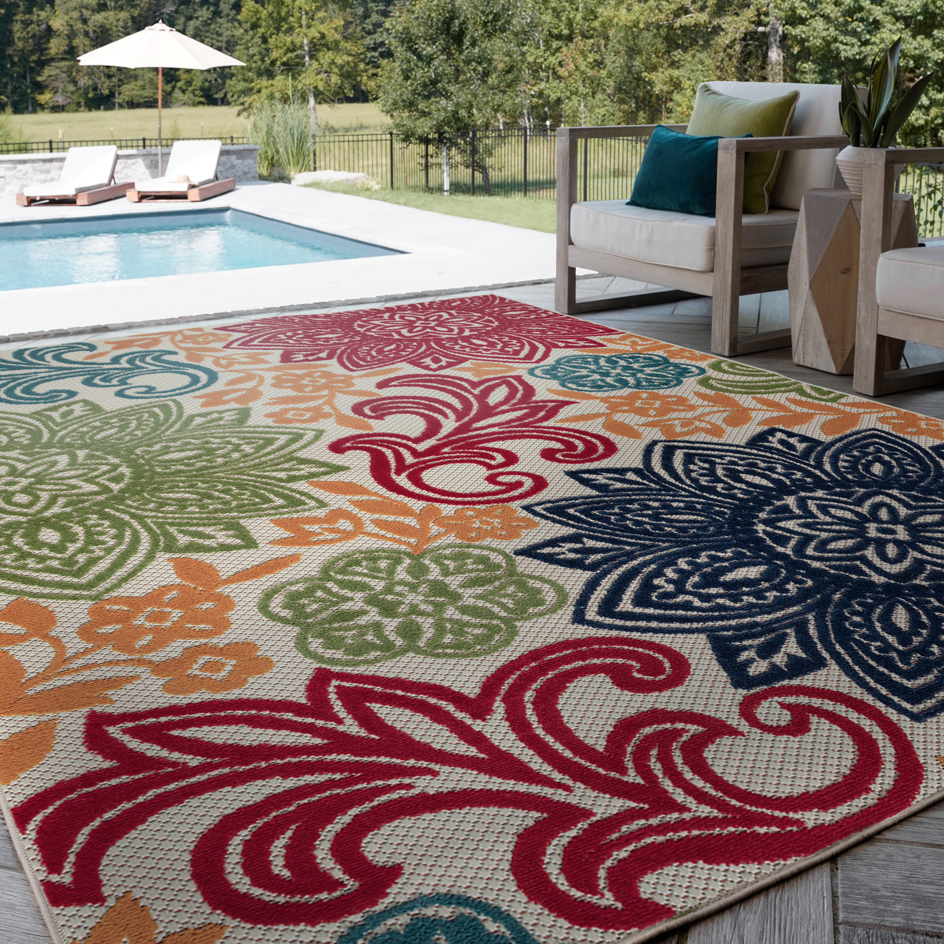5x7 Water Resistant, Indoor Outdoor Rugs for Patios, Front Door Entry, Entryway, Deck, Porch, Balcony | Outside Area Rug for Patio | Multi-Color, Floral | Size: 5'3'' x 7'3''